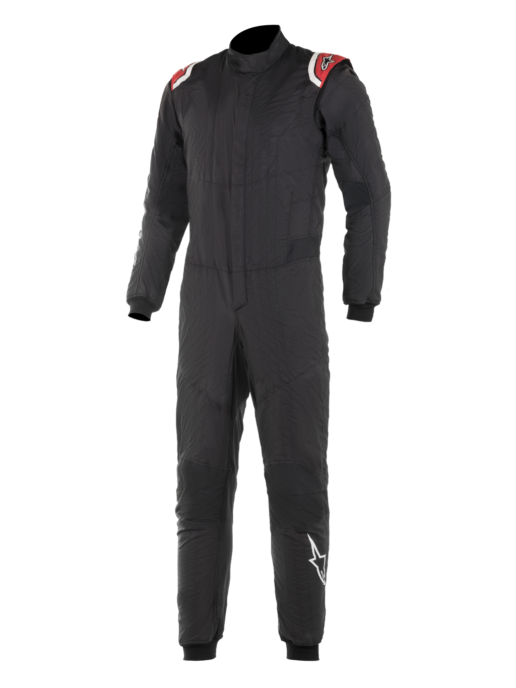 Alpinestars Hypertech Suit, tuta professionale da corsa, nera con accenti rossi e bianchi sulle spalle, struttura trapuntata a due strati, colletto alto, design aderente con polsini e caviglie a costine, protezione certificata FIA