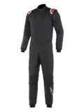 Alpinestars Hypertech Suit, tuta professionale da corsa, nera con accenti rossi e bianchi sulle spalle, struttura trapuntata a due strati, colletto alto, design aderente con polsini e caviglie a costine, protezione certificata FIA