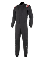 Alpinestars Hypertech Suit, tuta professionale da corsa, nera con accenti rossi e bianchi sulle spalle, struttura trapuntata a due strati, colletto alto, design aderente con polsini e caviglie a costine, protezione certificata FIA