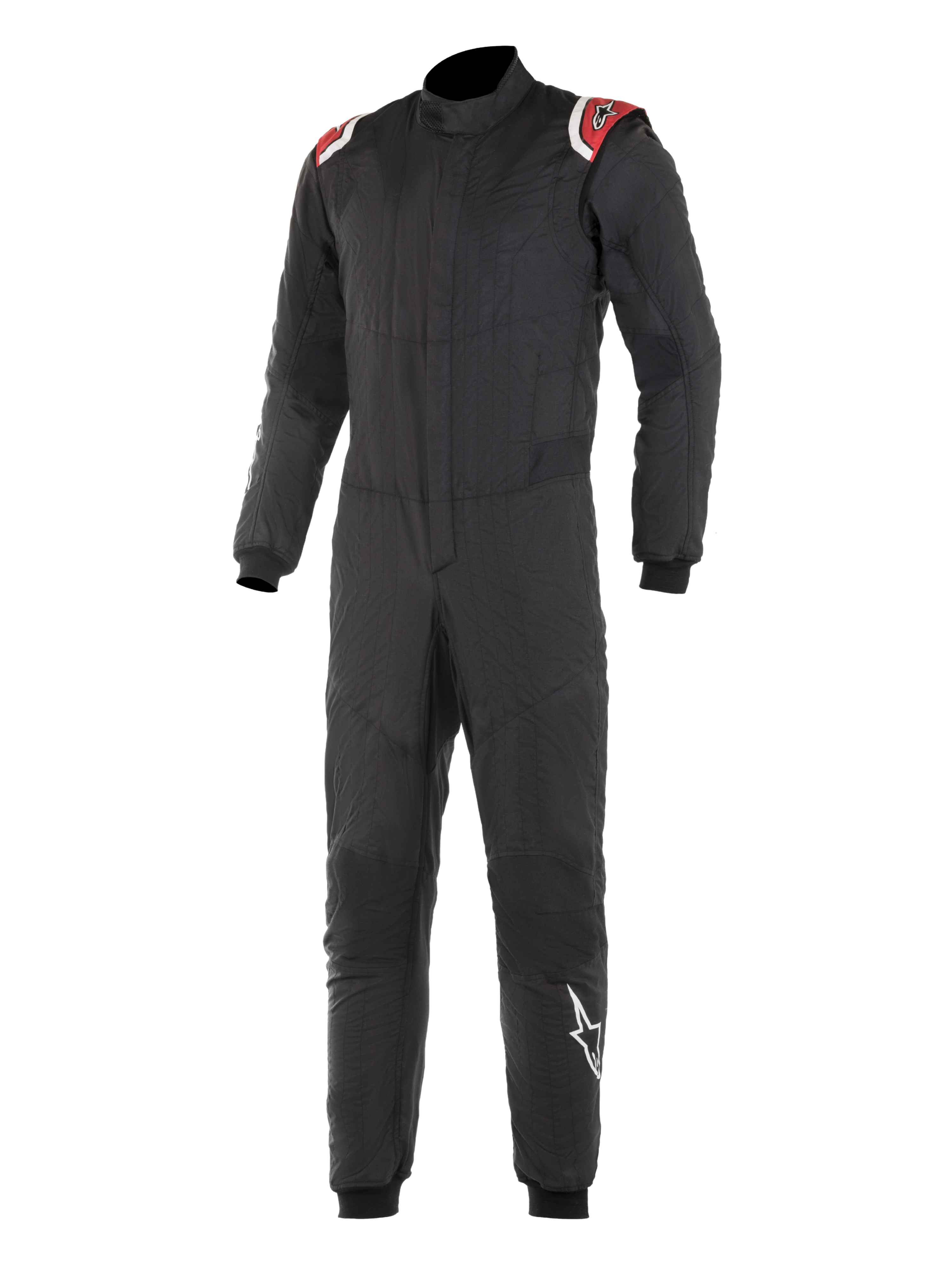 Alpinestars Hypertech Suit, tuta professionale da corsa, nera con accenti rossi e bianchi sulle spalle, struttura trapuntata a due strati, colletto alto, design aderente con polsini e caviglie a costine, protezione certificata FIA