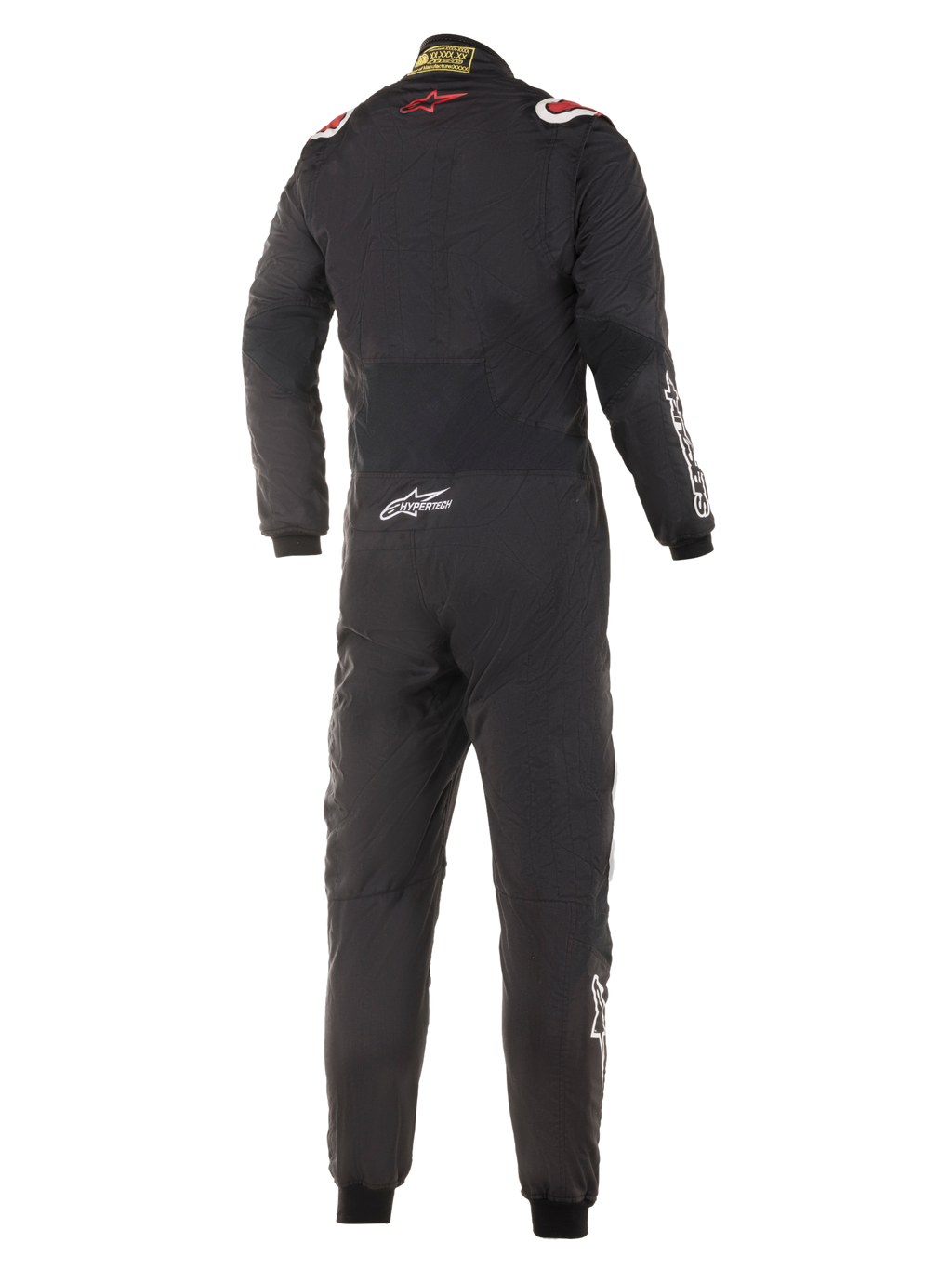 Alpinestars Hypertech Suit, tuta da auto racing, nera con accenti rossi e bianchi, vista posteriore che mostra il logo a stella rosso sulla parte superiore della schiena, branding Hypertech sulla parte inferiore della schiena, design professionale intero per il motorsport