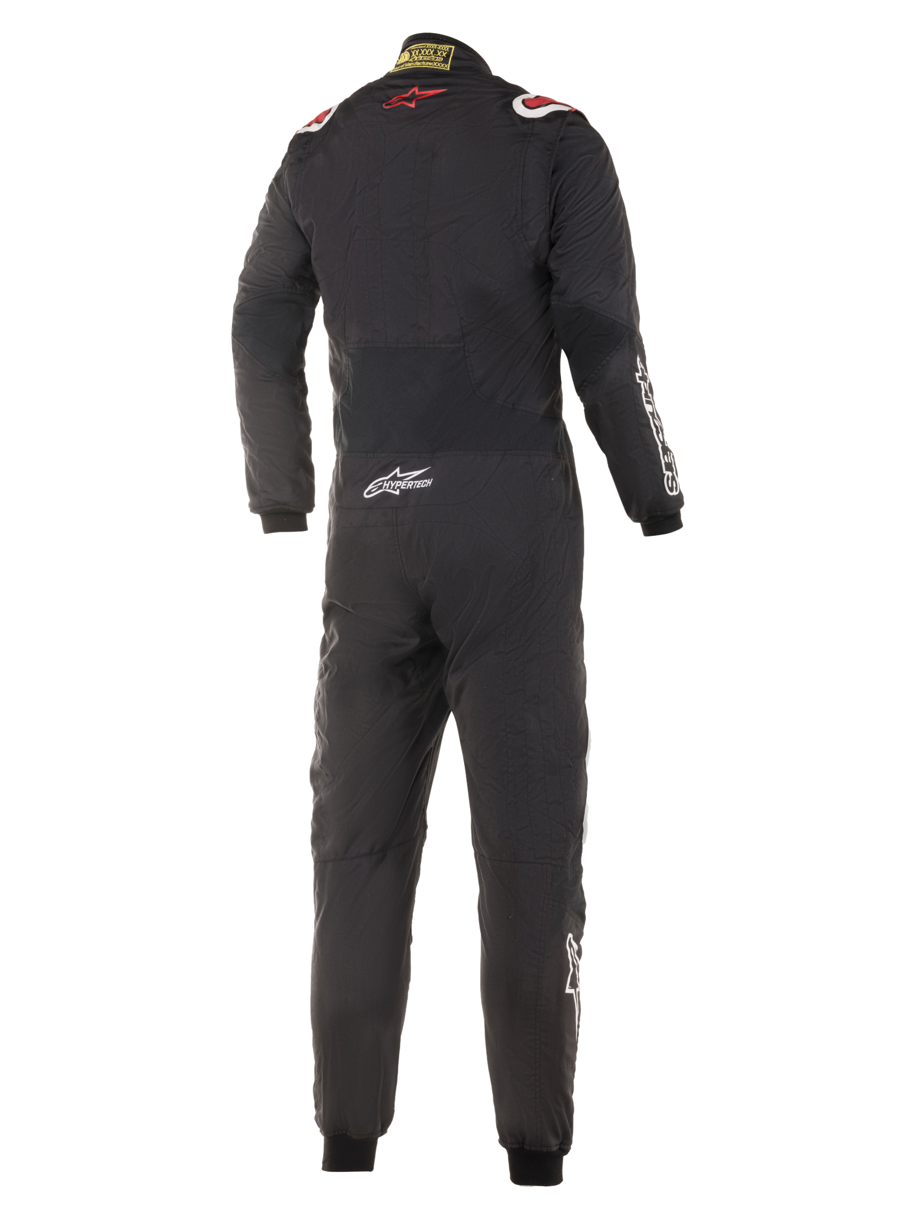 Alpinestars Hypertech Suit, tuta da auto racing, nera con accenti rossi e bianchi, vista posteriore che mostra il logo a stella rosso sulla parte superiore della schiena, branding Hypertech sulla parte inferiore della schiena, design professionale intero per il motorsport