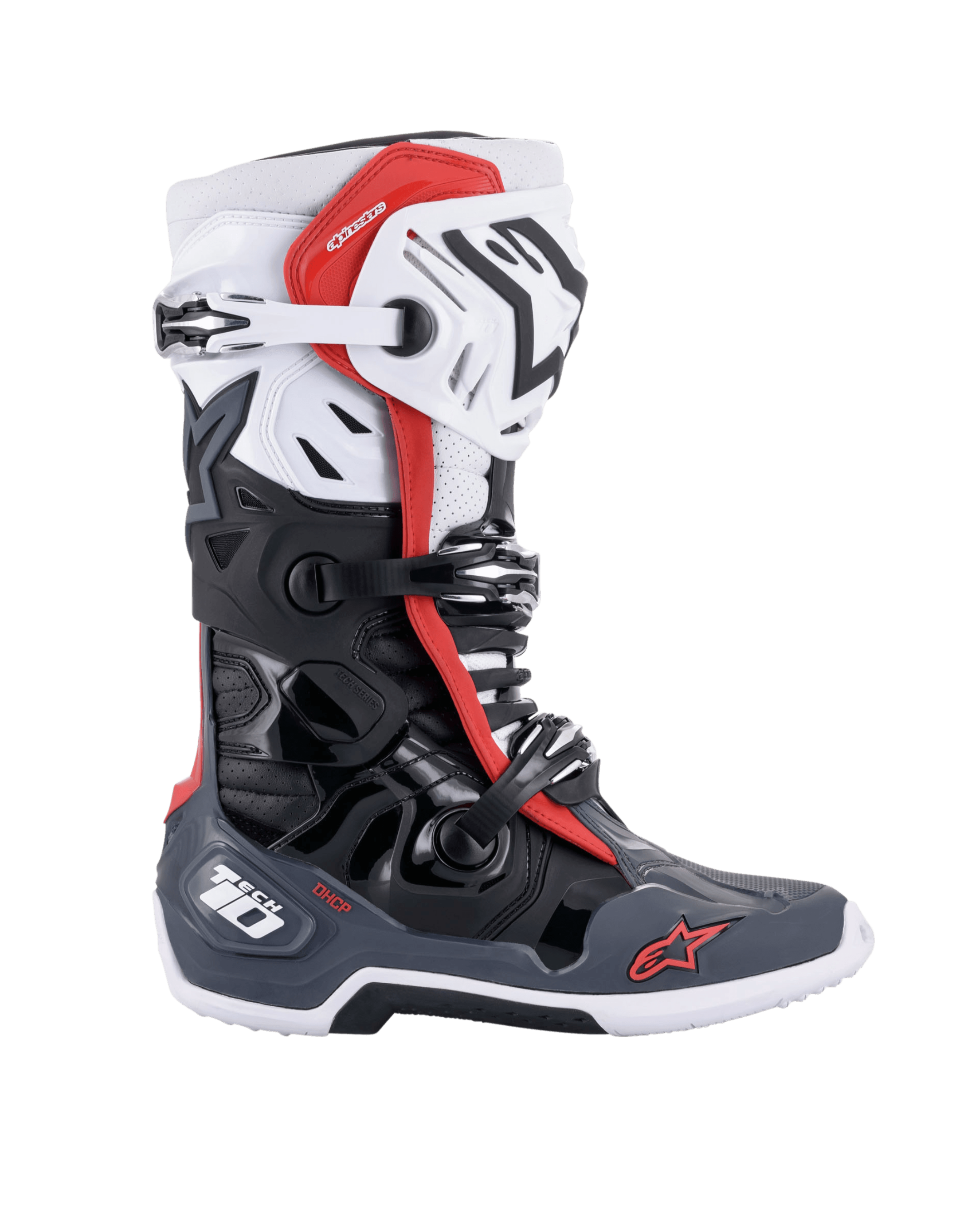Stivali Alpinestars Tech 10 Supervented, stivali da motocross, nero, bianco, grigio medio e rosso, vista laterale con chiusure a fibbia multiple, pannelli ventilati e loghi Alpinestars rossi, design tecnico per calzature off-road