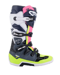 Alpinestars Tech 7 Boots, stivali da motocross, grigio scuro, blu scuro e rosa fluo, sistema di chiusura a quattro fibbie con accenti giallo neon e bianchi, costruzione protettiva con suola rinforzata, attrezzatura professionale per gare off-road