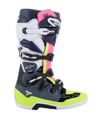 Alpinestars Tech 7 Boots, stivali da motocross, grigio scuro, blu scuro e rosa fluo, sistema di chiusura a quattro fibbie con accenti giallo neon e bianchi, costruzione protettiva con suola rinforzata, attrezzatura professionale per gare off-road