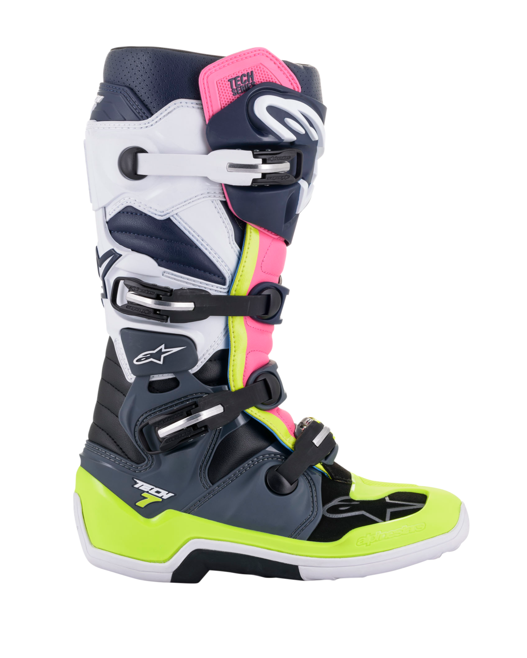 Alpinestars Tech 7 Boots, stivali da motocross, grigio scuro, blu scuro e rosa fluo, sistema di chiusura a quattro fibbie con accenti giallo neon e bianchi, costruzione protettiva con suola rinforzata, attrezzatura professionale per gare off-road