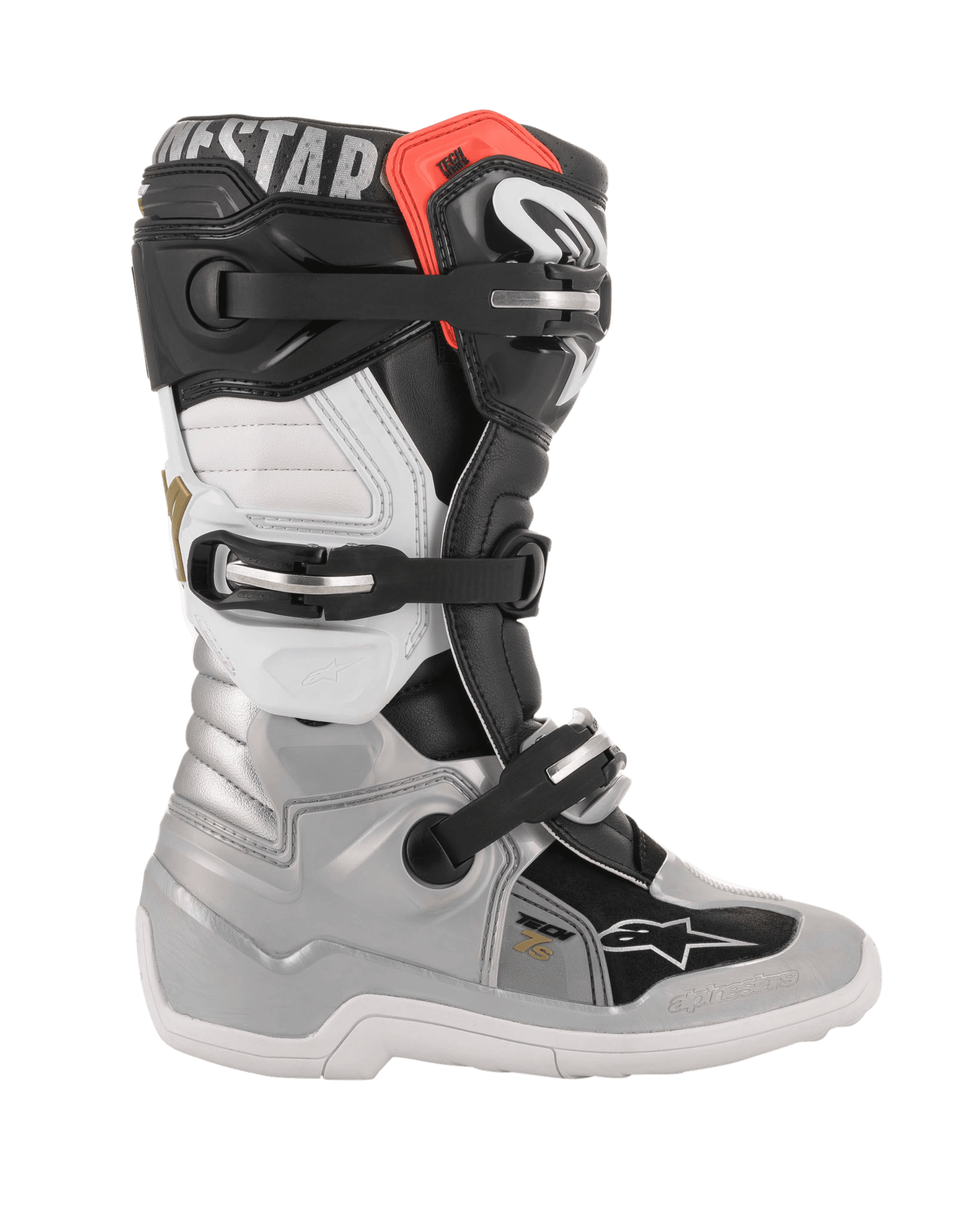 Stivali Alpinestars Youth Tech 7S, stivali da motocross, nero, argento, bianco e oro, vista laterale con scocca inferiore argento, pannelli superiori neri e bianchi, dettaglio rosso e sistema di chiusura a tre fibbie