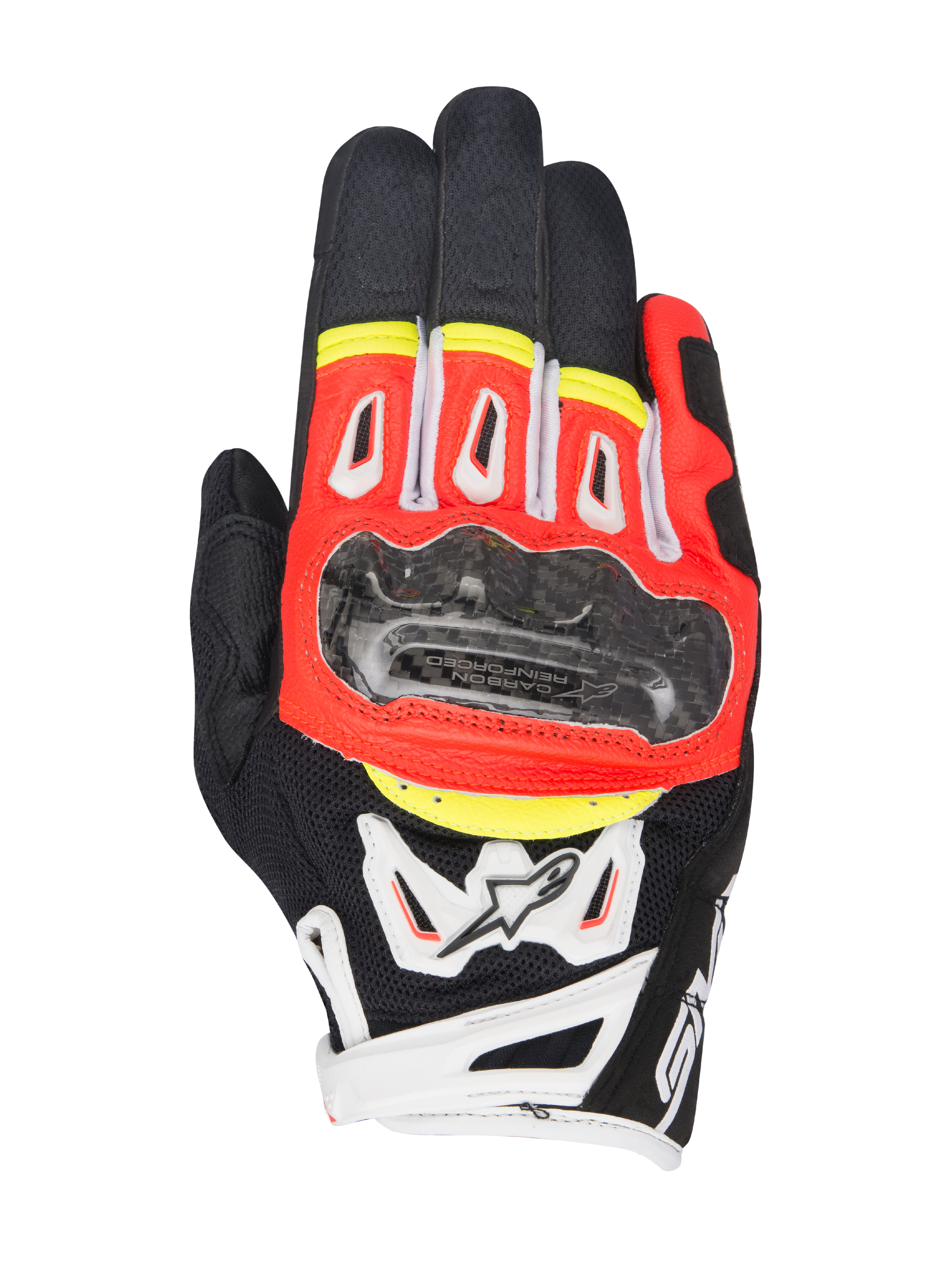Alpinestars SMX-2 Air Carbon V2, guanti moto a polsino corto, nero con dettagli rosso fluorescente, bianco e giallo, protezione nocche in fibra di carbonio, pannelli in mesh 3D e pelle, design sportivo da strada