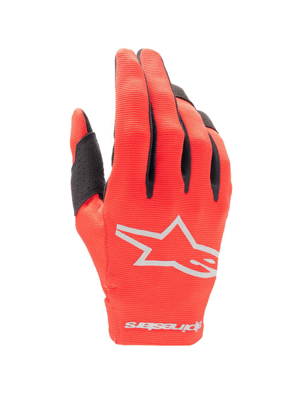 Alpinestars 2025 Radar Gloves, guanti da motocross, rosso Marte e argento, vista del dorso con logo a stella argentato, dettagli neri sulle dita e tessuto elasticizzato flessibile per corse fuoristrada