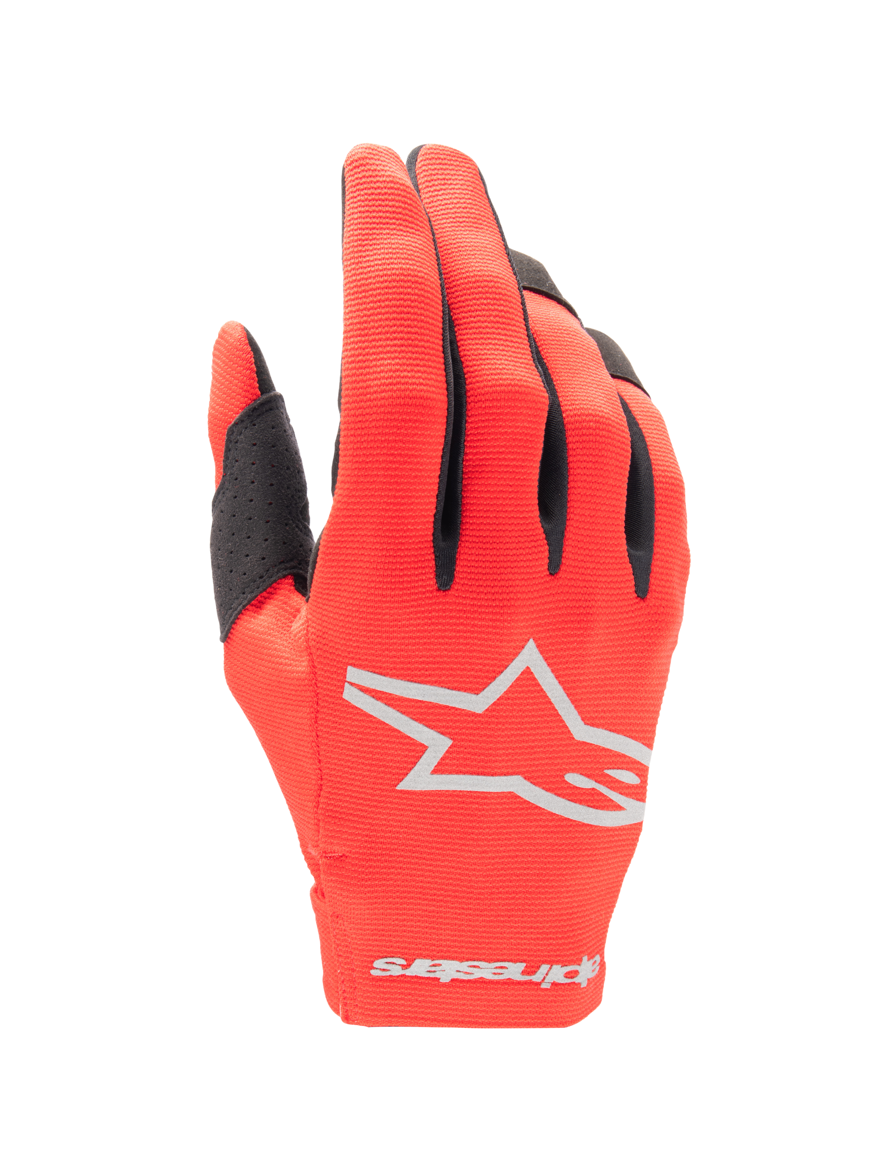 Alpinestars 2025 Radar Gloves, guanti da motocross, rosso Marte e argento, vista del dorso con logo a stella argentato, dettagli neri sulle dita e tessuto elasticizzato flessibile per corse fuoristrada