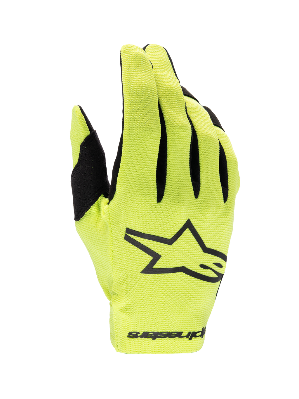 Alpinestars Radar 2025, guanti da motocross, gialli fluo e neri, costruzione leggera a strato singolo per fuoristrada.
