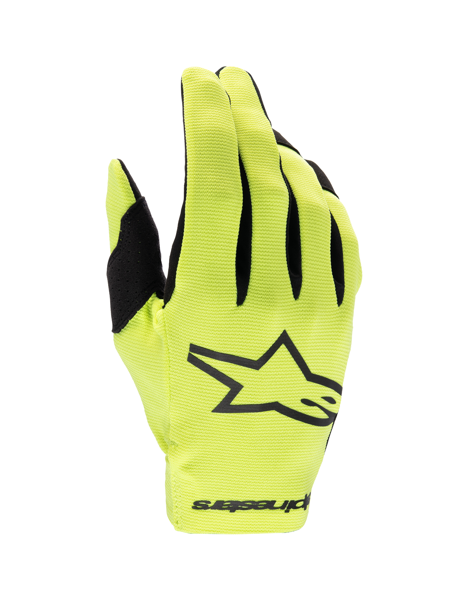 Alpinestars Radar 2025, guanti da motocross, gialli fluo e neri, costruzione leggera a strato singolo per fuoristrada.