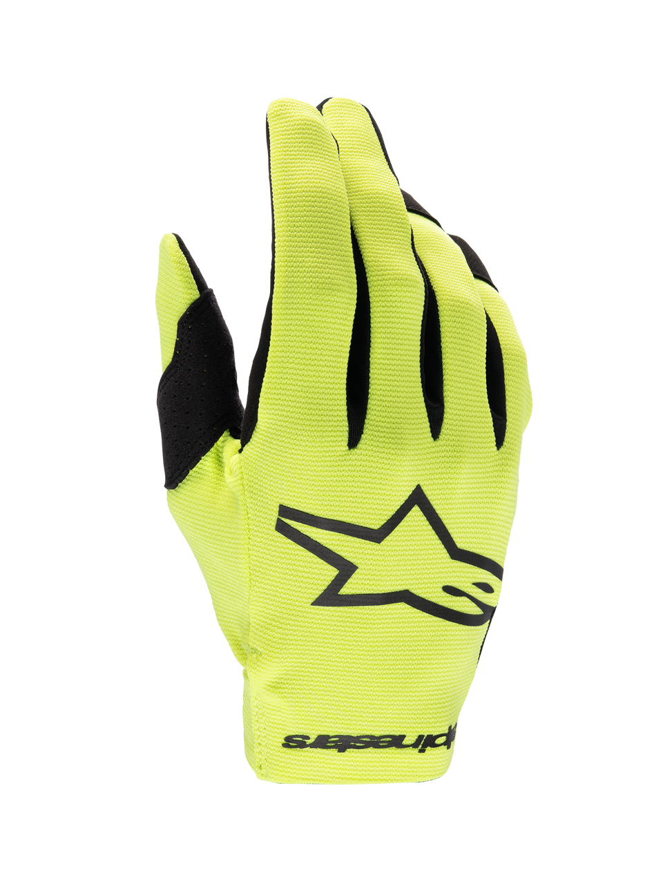 Alpinestars Radar 2025, guanti da motocross, gialli fluo e neri, costruzione leggera a strato singolo per fuoristrada.