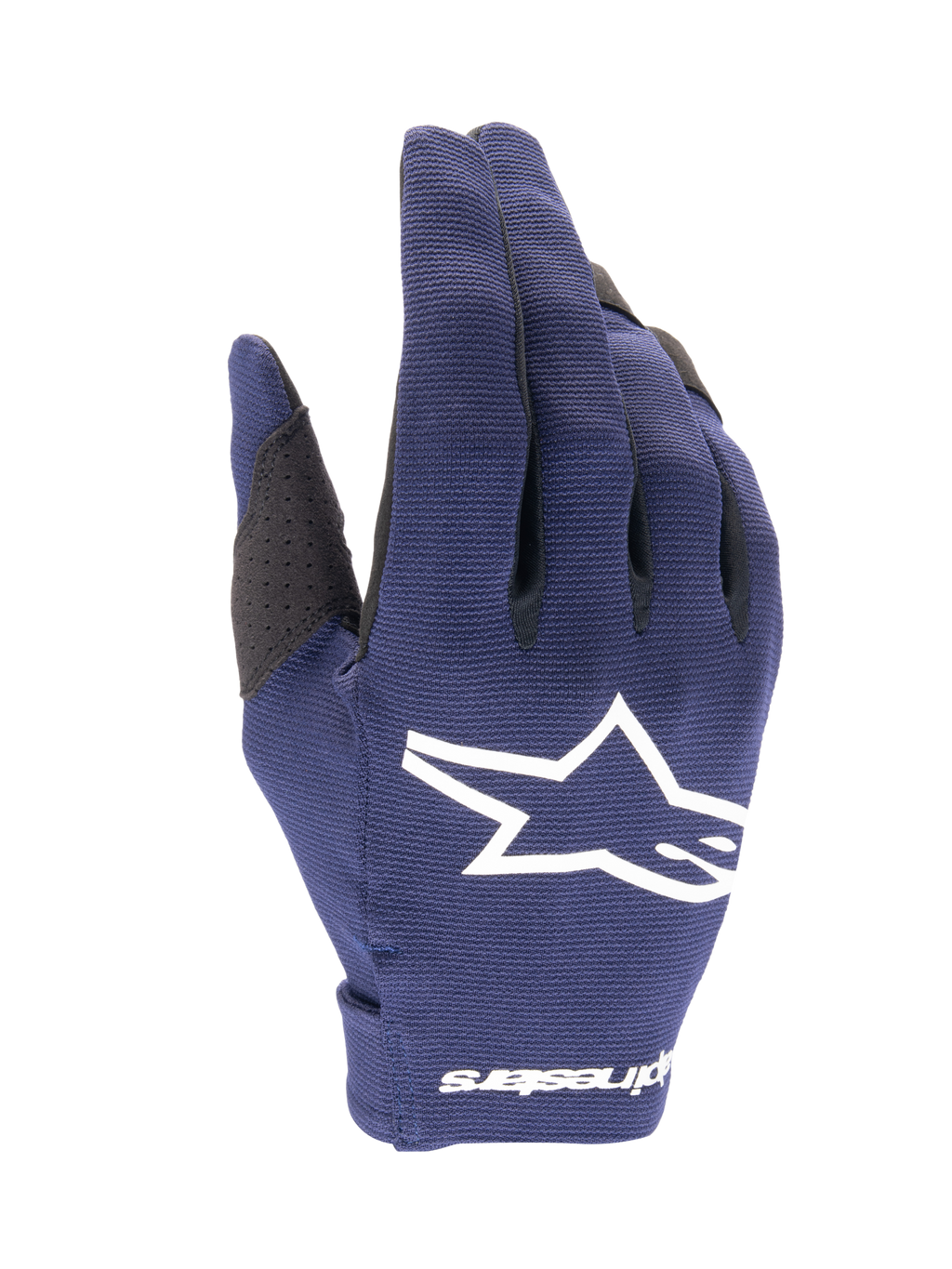 Alpinestars 2025 Radar Gloves, guanti da motocross, blu notte e bianco, tessuto blu scuro testurizzato con grande logo a stella bianco, marchio bianco sul polso, design leggero per competizioni fuoristrada