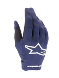 Alpinestars 2025 Radar Gloves, guanti da motocross, blu notte e bianco, tessuto blu scuro testurizzato con grande logo a stella bianco, marchio bianco sul polso, design leggero per competizioni fuoristrada
