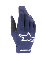 Alpinestars 2025 Radar Gloves, guanti da motocross, blu notte e bianco, tessuto blu scuro testurizzato con grande logo a stella bianco, marchio bianco sul polso, design leggero per competizioni fuoristrada