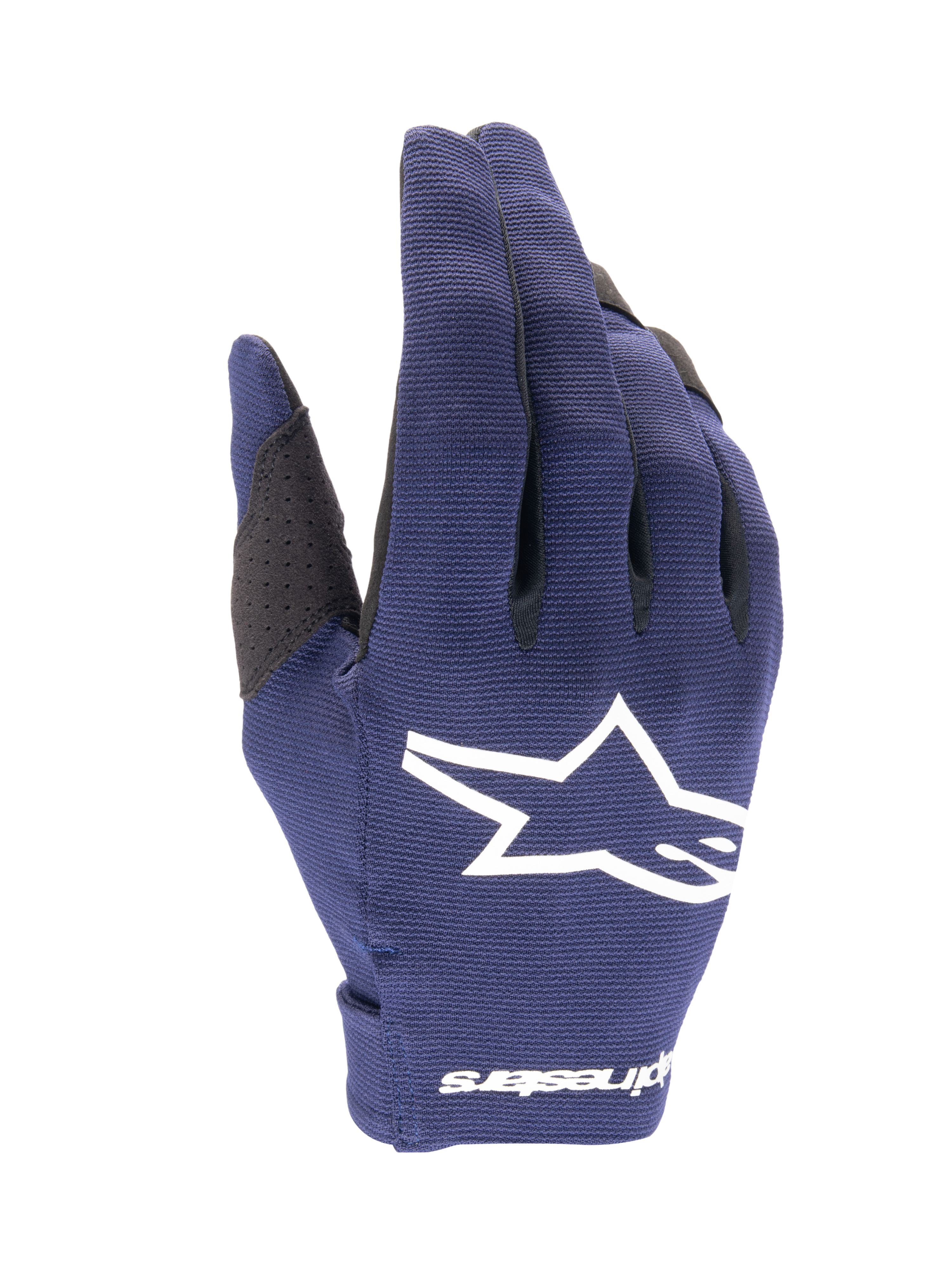 Alpinestars 2025 Radar Gloves, guanti da motocross, blu notte e bianco, tessuto blu scuro testurizzato con grande logo a stella bianco, marchio bianco sul polso, design leggero per competizioni fuoristrada