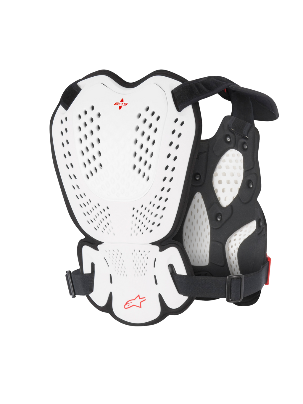 Alpinestars A-1 Roost Guard, protezione per petto e schiena da motocross, bianco e nero con logo Alpinestars rosso, piastre rigide traforate, imbottitura in bio-foam, vista posteriore che mostra la copertura protettiva per motocross e guida fuoristrada