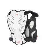 Alpinestars A-1 Roost Guard, protezione per petto e schiena da motocross, bianco e nero con logo Alpinestars rosso, piastre rigide traforate, imbottitura in bio-foam, vista posteriore che mostra la copertura protettiva per motocross e guida fuoristrada