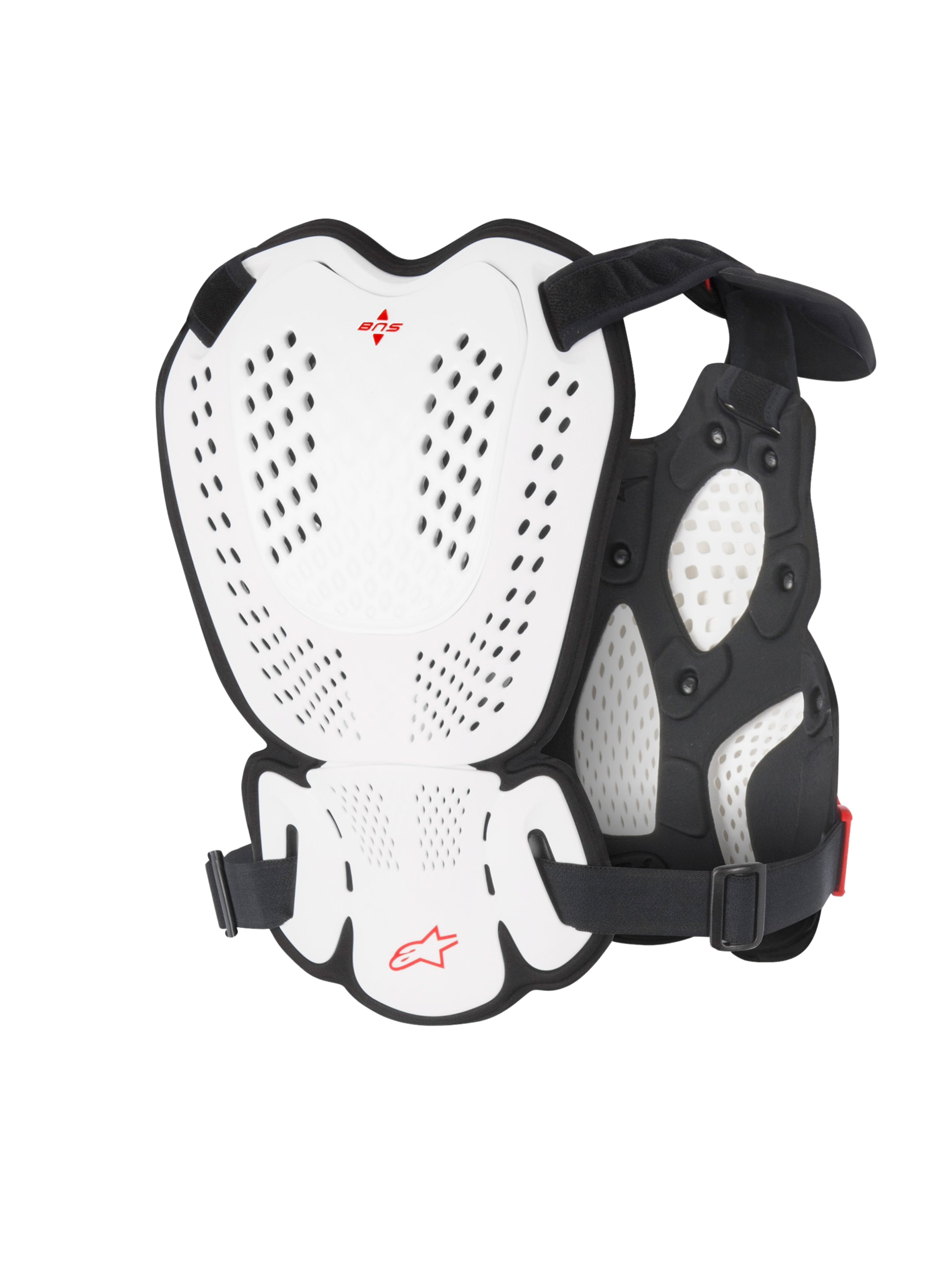 Alpinestars A-1 Roost Guard, protezione per petto e schiena da motocross, bianco e nero con logo Alpinestars rosso, piastre rigide traforate, imbottitura in bio-foam, vista posteriore che mostra la copertura protettiva per motocross e guida fuoristrada