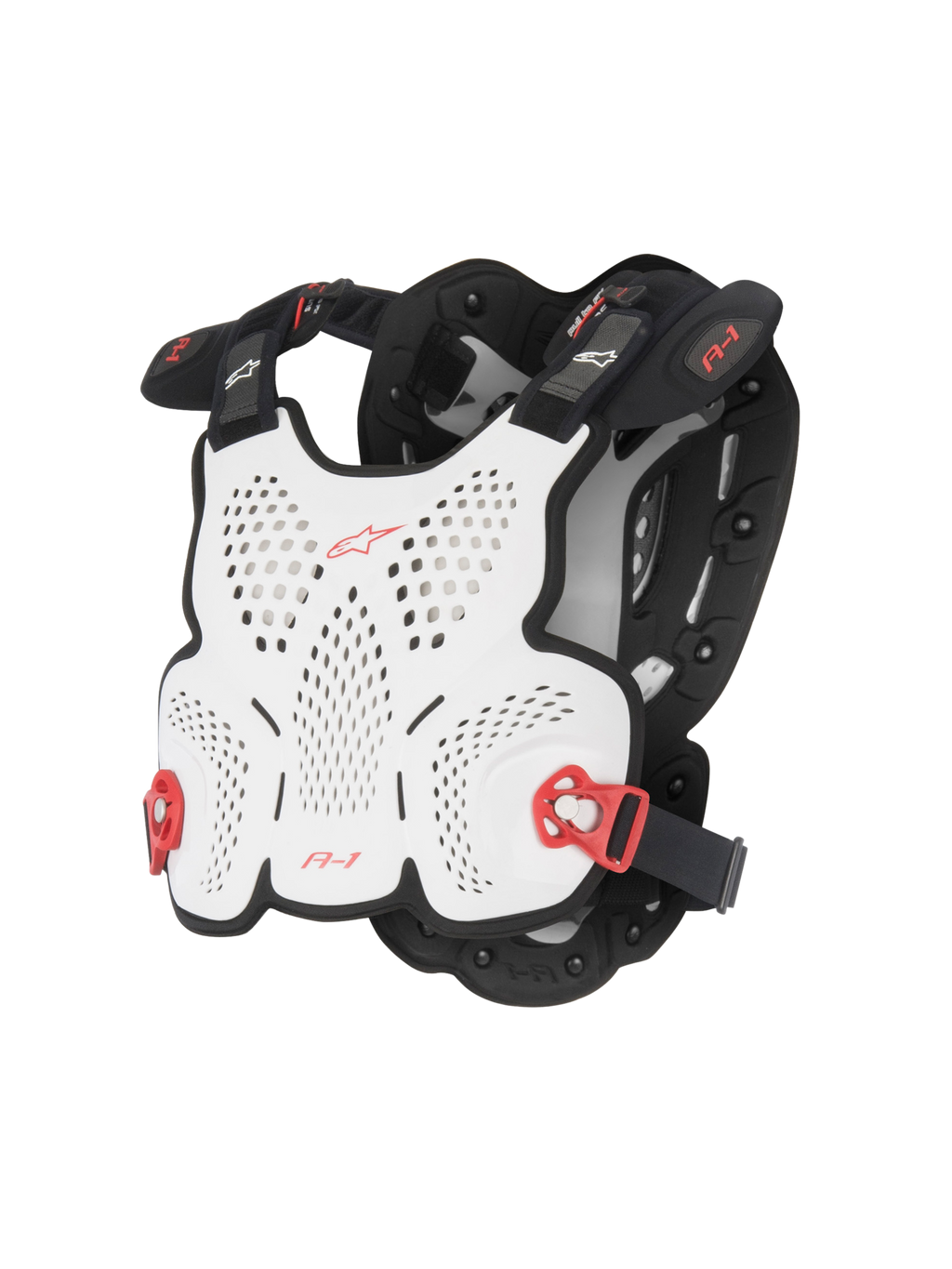 Alpinestars A-1 Roost Guard, pettorina da motocross, bianco e nero con dettagli rossi, calotta rigida traforata per la ventilazione, fibbie laterali regolabili rosse, design leggero e sagomato per la guida off-road