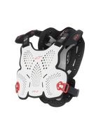 Alpinestars A-1 Roost Guard, pettorina da motocross, bianco e nero con dettagli rossi, calotta rigida traforata per la ventilazione, fibbie laterali regolabili rosse, design leggero e sagomato per la guida off-road