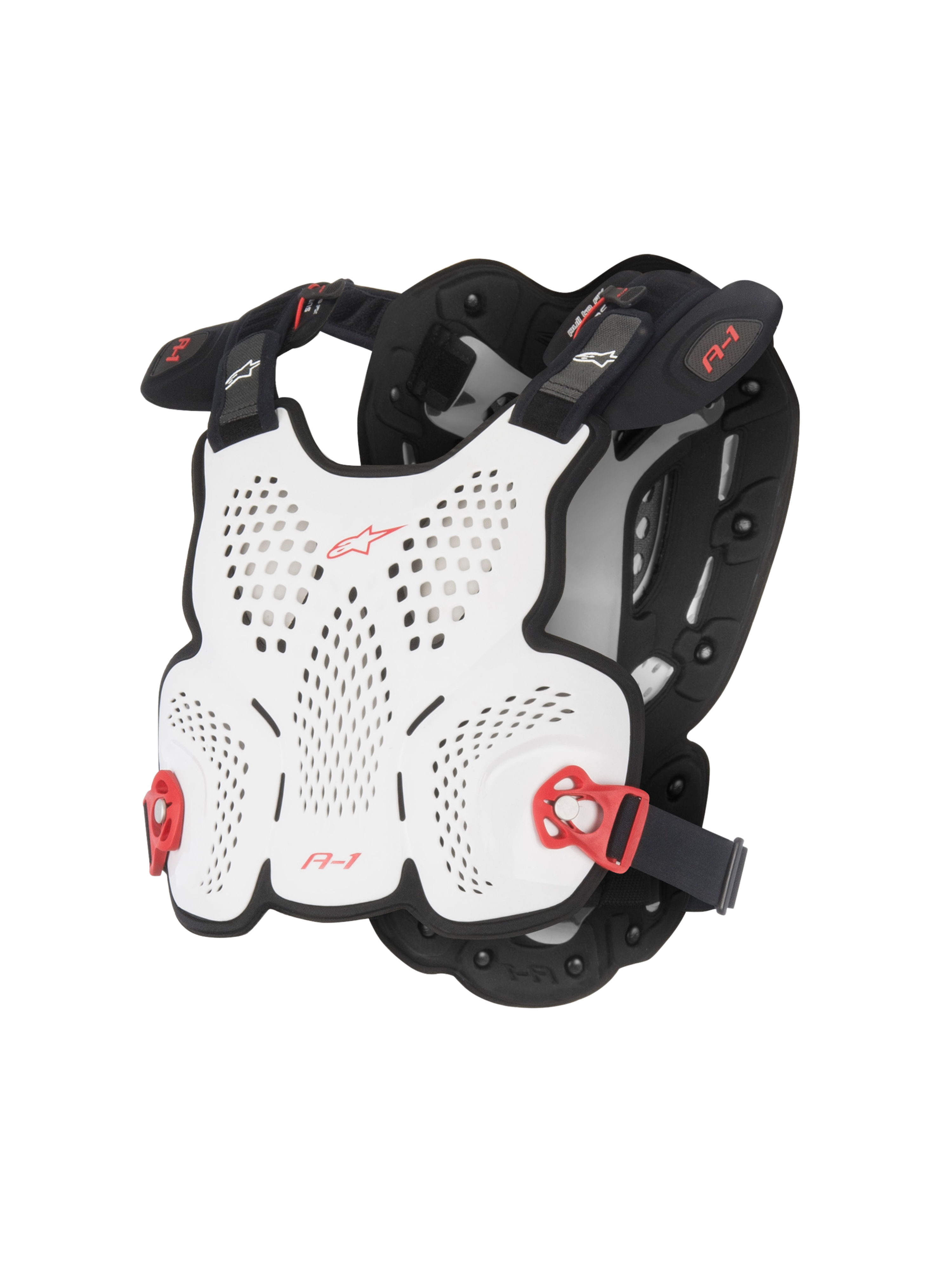 Alpinestars A-1 Roost Guard, pettorina da motocross, bianco e nero con dettagli rossi, calotta rigida traforata per la ventilazione, fibbie laterali regolabili rosse, design leggero e sagomato per la guida off-road