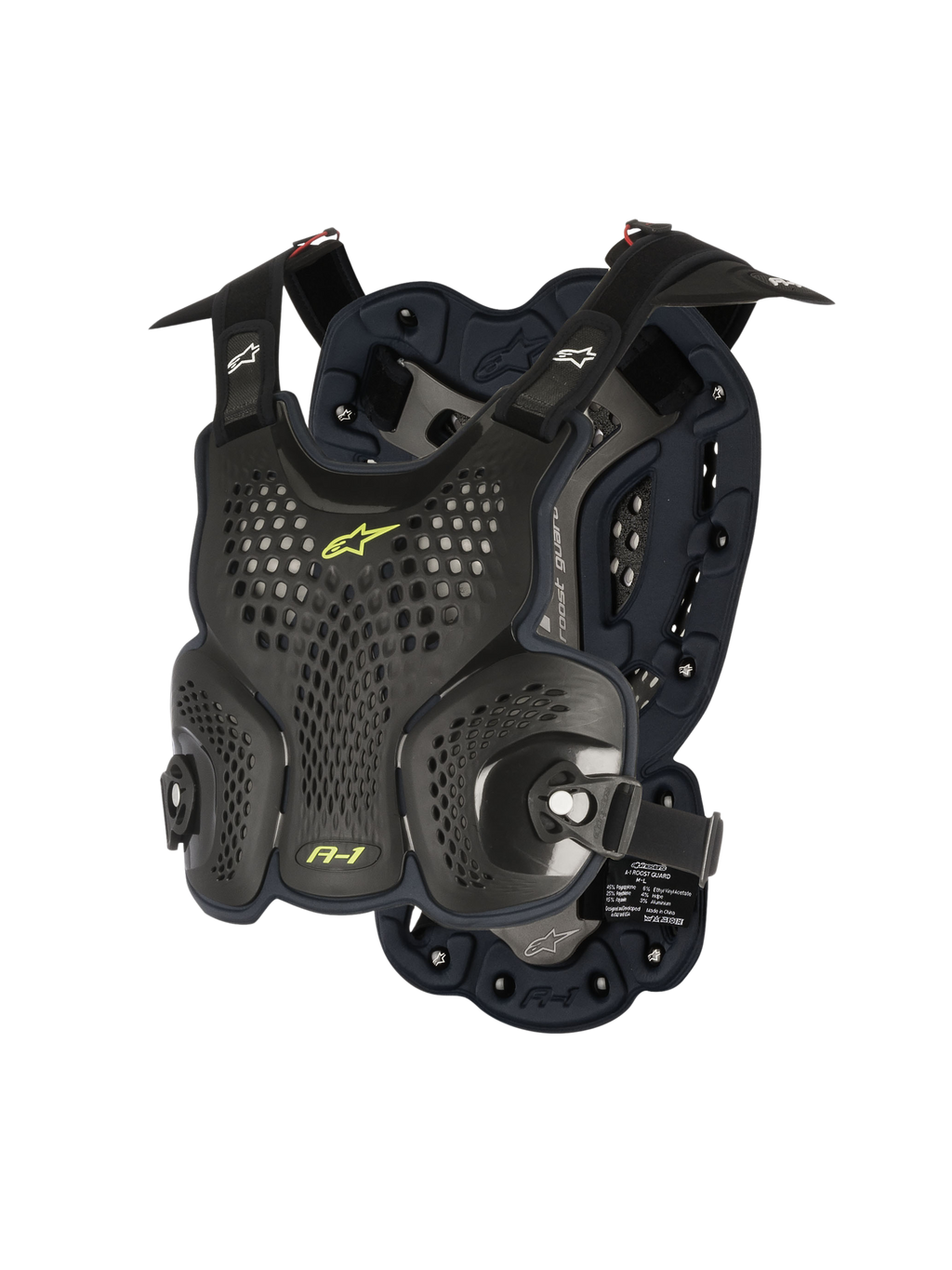 Alpinestars A-1 Roost Guard, pettorina da motocross, Nero Antracite con dettagli giallo neon, placche rigide traforate a nido d'ape, imbottitura in bioschiuma, cinghie regolabili, protezione corpo leggera per fuoristrada