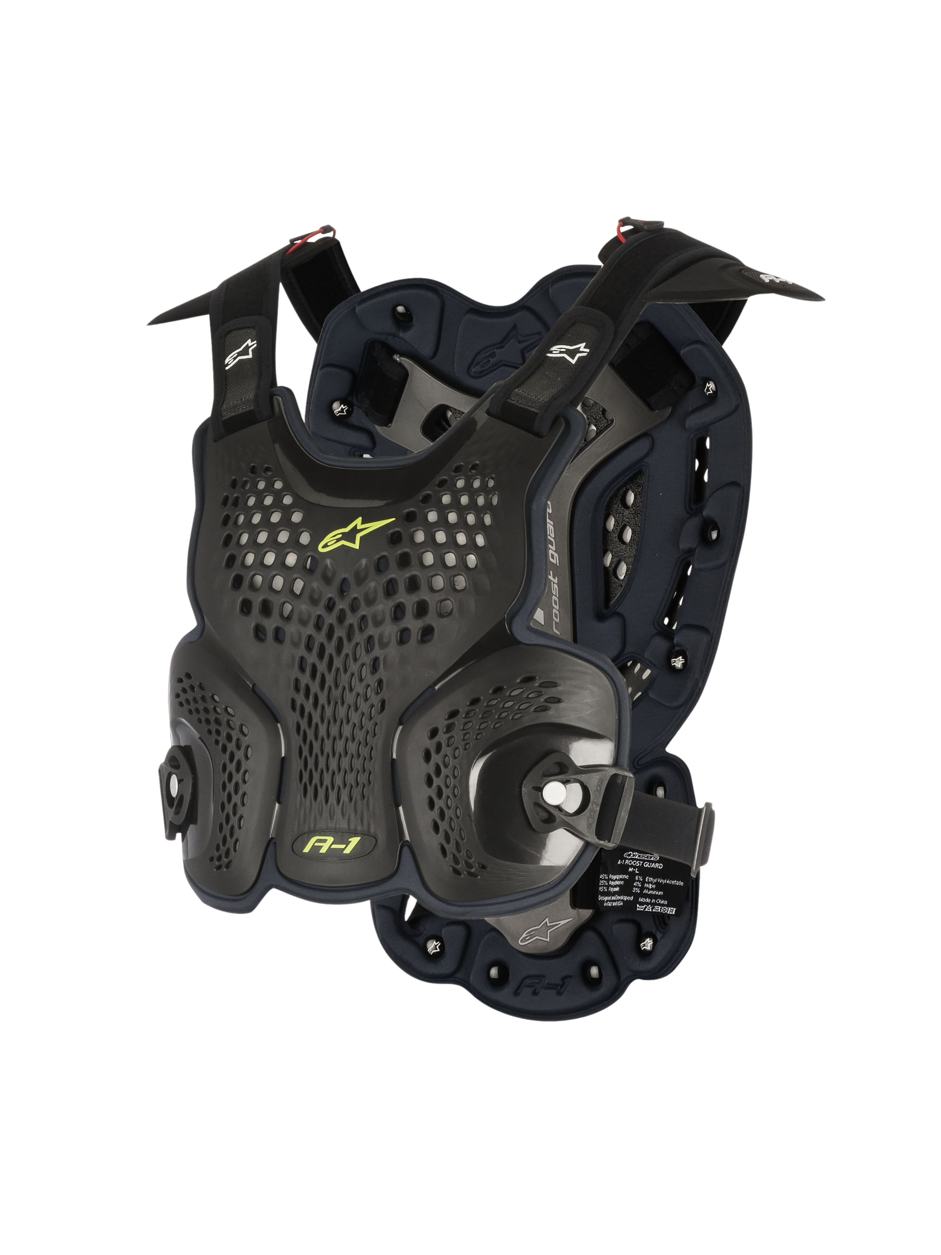 Alpinestars A-1 Roost Guard, pettorina da motocross, Nero Antracite con dettagli giallo neon, placche rigide traforate a nido d'ape, imbottitura in bioschiuma, cinghie regolabili, protezione corpo leggera per fuoristrada