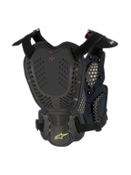 Alpinestars A-1 Roost Guard, protezione torace e schiena motocross, nero antracite, vista posteriore con placche rigide traforate, logo BNS rosso e logo Alpinestars a stella verde lime, cinghie regolabili per la protezione fuoristrada