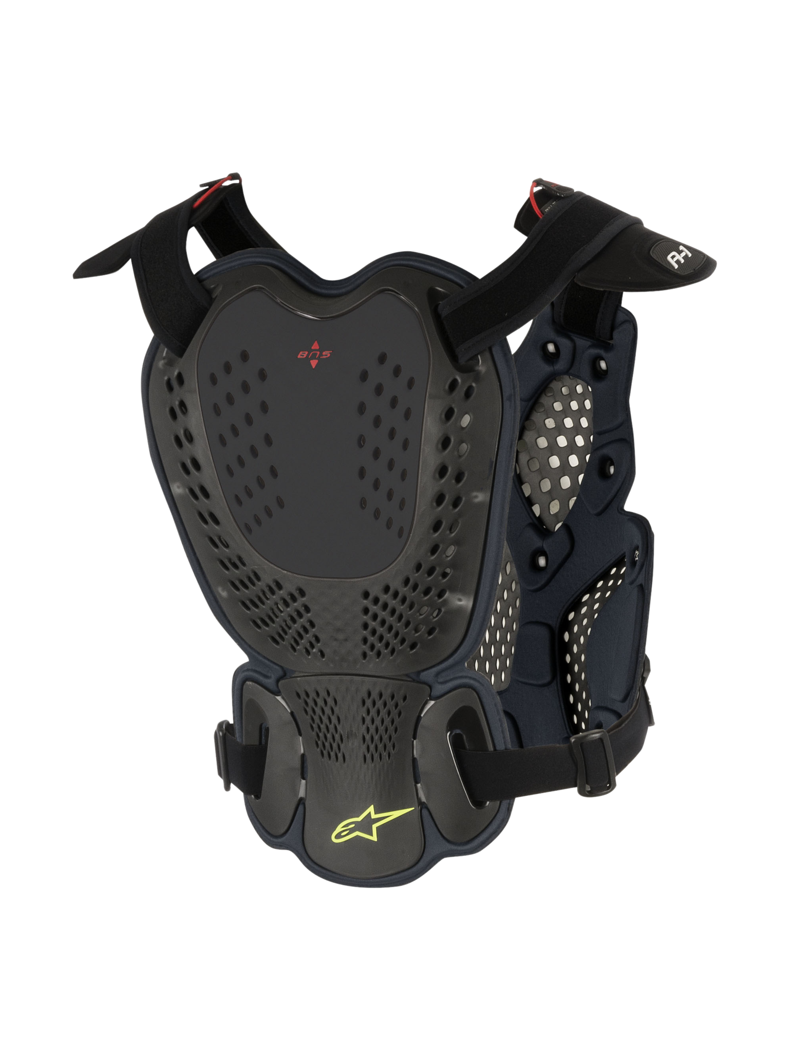 Alpinestars A-1 Roost Guard, protezione torace e schiena motocross, nero antracite, vista posteriore con placche rigide traforate, logo BNS rosso e logo Alpinestars a stella verde lime, cinghie regolabili per la protezione fuoristrada