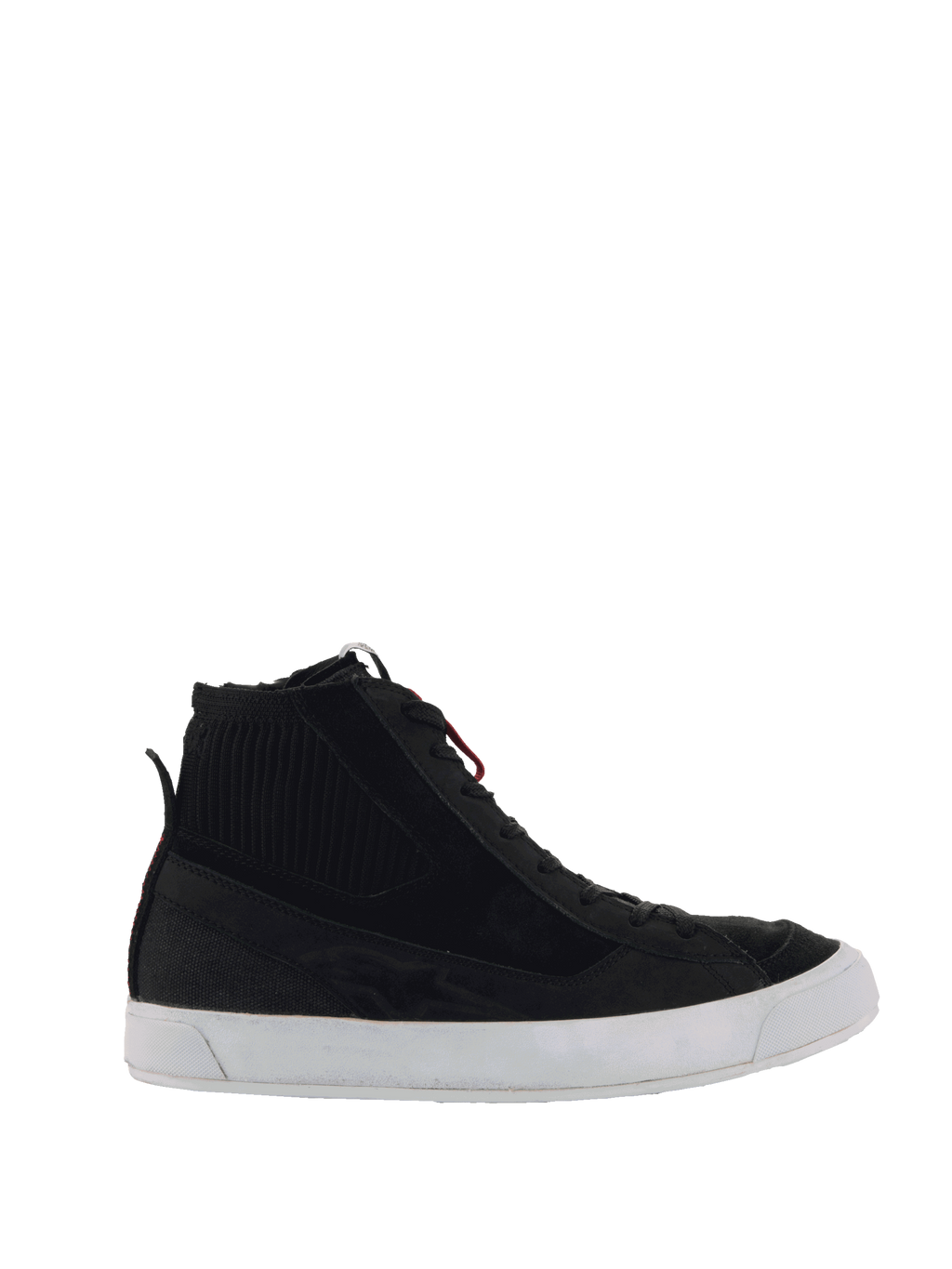 Alpinestars Stated Shoes, sneaker da moto alte nere, nero e bianco, dettaglio a coste sulla caviglia, accenti rossi sui lacci, suola vulcanizzata bianca, calzatura casual da guida urbana