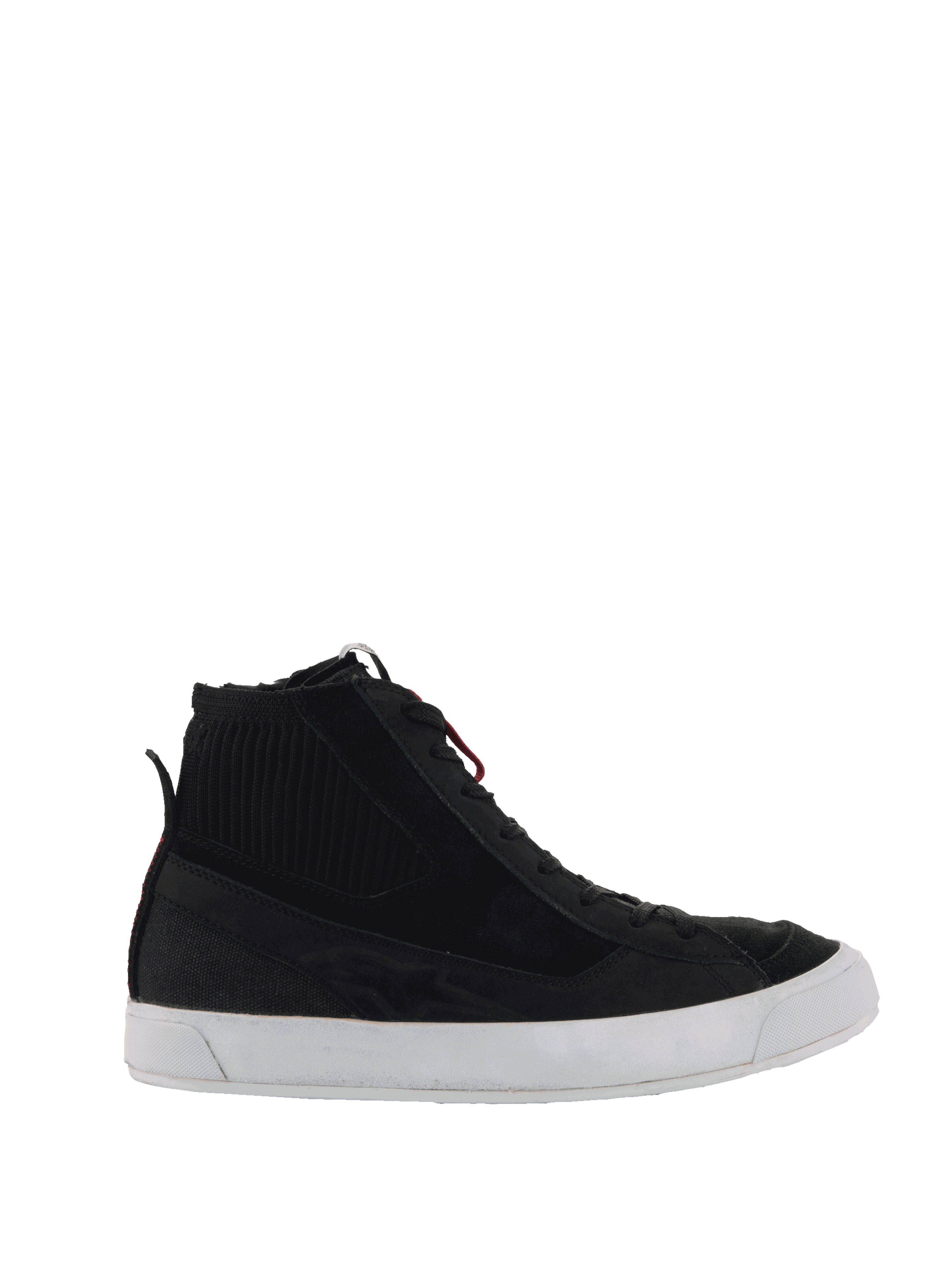 Alpinestars Stated Shoes, sneaker da moto alte nere, nero e bianco, dettaglio a coste sulla caviglia, accenti rossi sui lacci, suola vulcanizzata bianca, calzatura casual da guida urbana