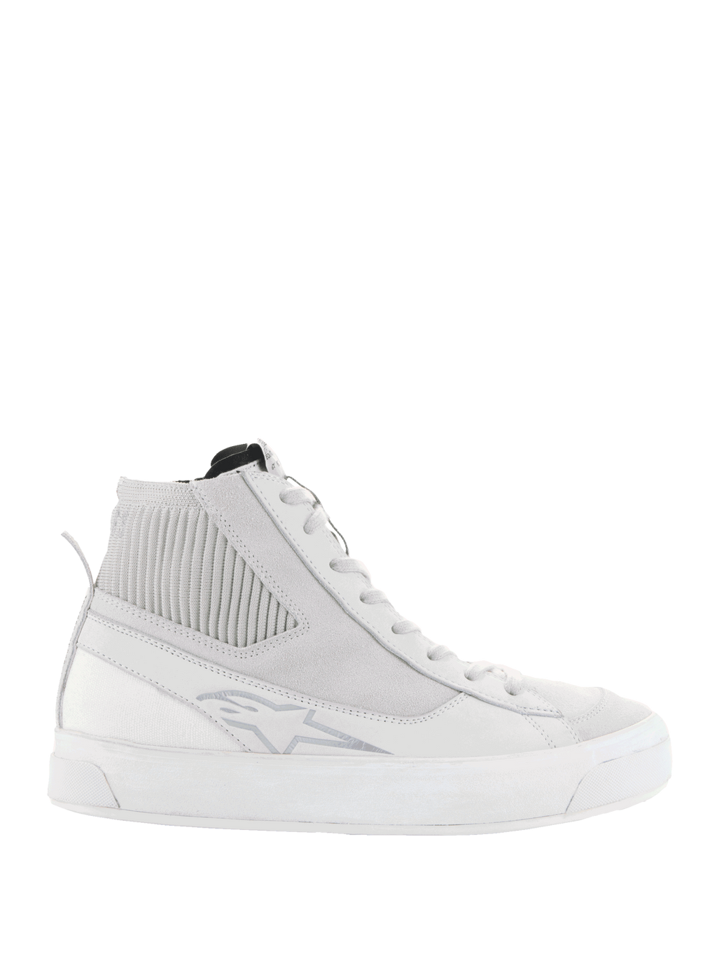 Alpinestars Stella Stated Podium Shoes, sneaker da moto alte da donna, bianco e grigio chiaro, con spessa suola vulcanizzata bianca, pannello alla caviglia in tessuto a costine, chiusura con lacci e dettaglio logo discreto, design d'ispirazione skate urbana rétro
