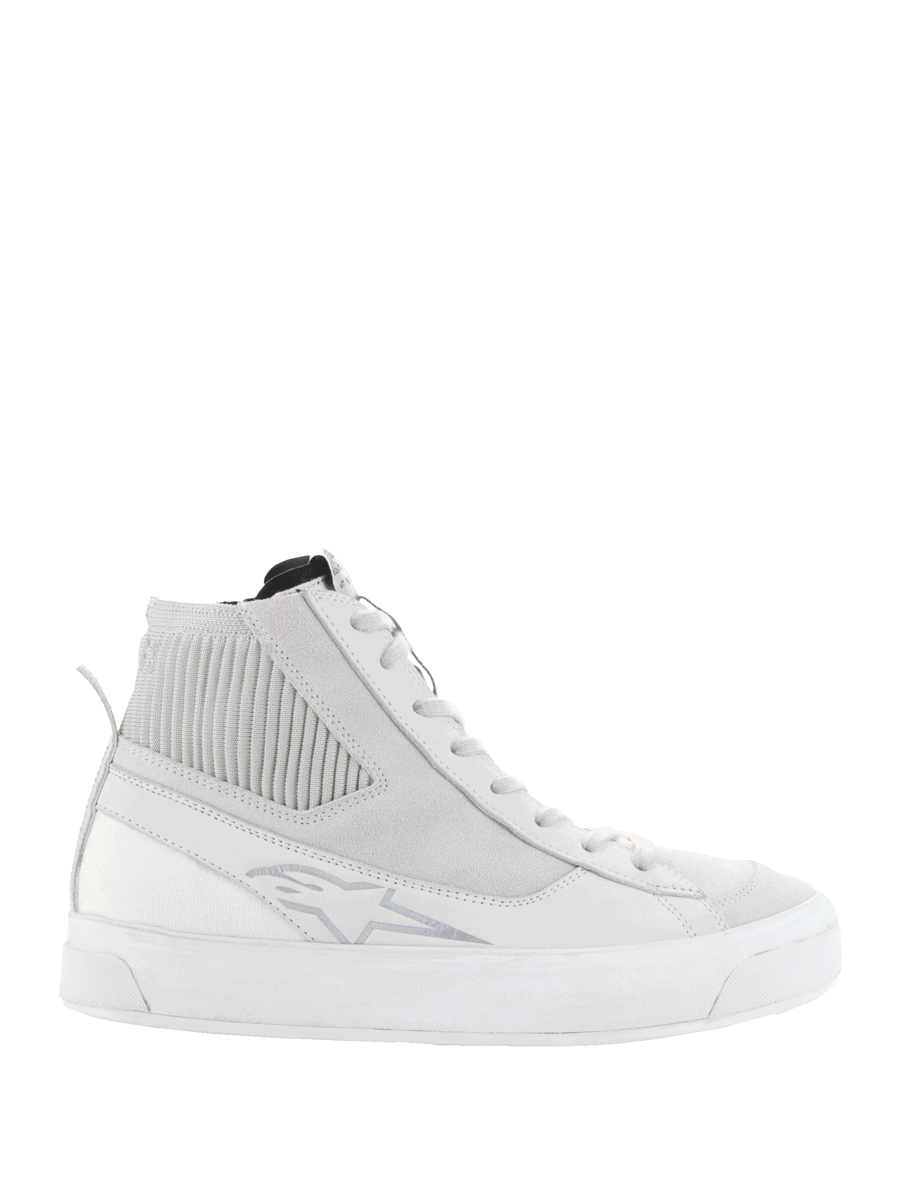 Alpinestars Stella Stated Podium Shoes, sneaker da moto alte da donna, bianco e grigio chiaro, con spessa suola vulcanizzata bianca, pannello alla caviglia in tessuto a costine, chiusura con lacci e dettaglio logo discreto, design d'ispirazione skate urbana rétro