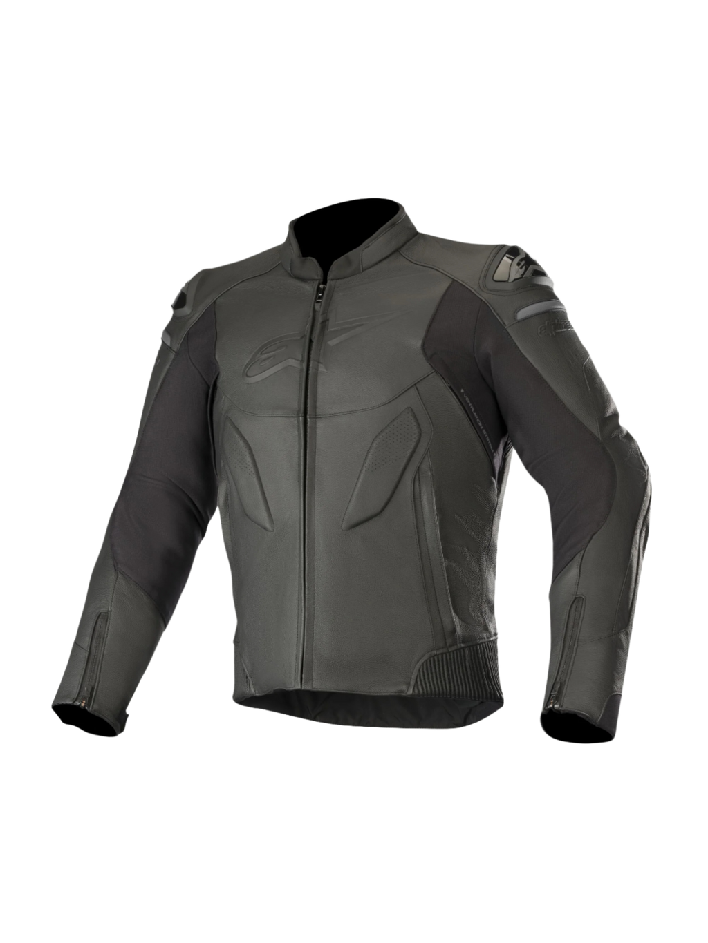 Giacca in pelle Alpinestars Caliber, nera, abbigliamento moto stradale, caratterizzata da una struttura in pelle premium con pannelli traforati, slider esterni DFS sulle spalle, chiusura frontale e polsini con zip, e discreto logo goffrato sul petto