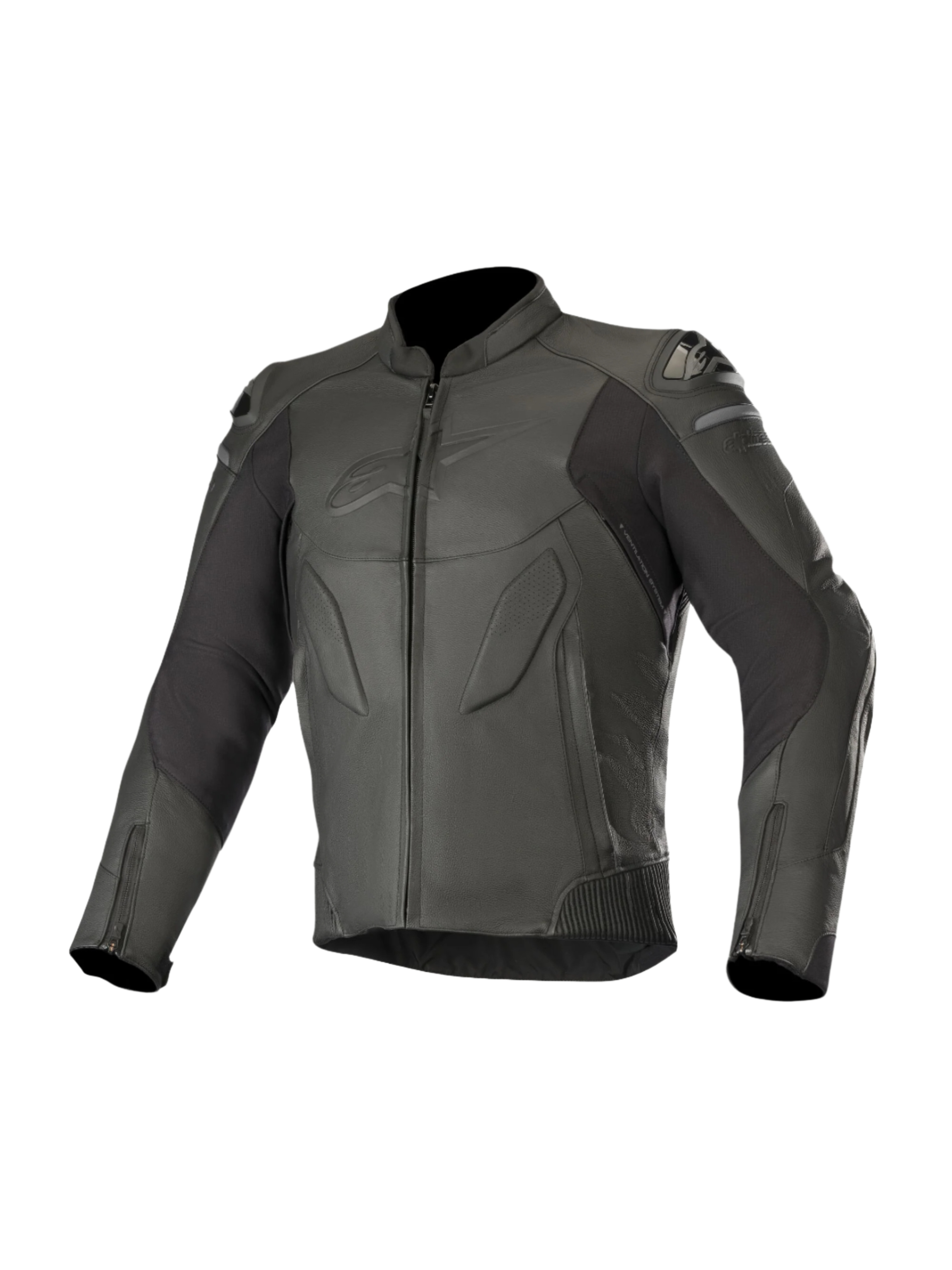 Giacca in pelle Alpinestars Caliber, nera, abbigliamento moto stradale, caratterizzata da una struttura in pelle premium con pannelli traforati, slider esterni DFS sulle spalle, chiusura frontale e polsini con zip, e discreto logo goffrato sul petto