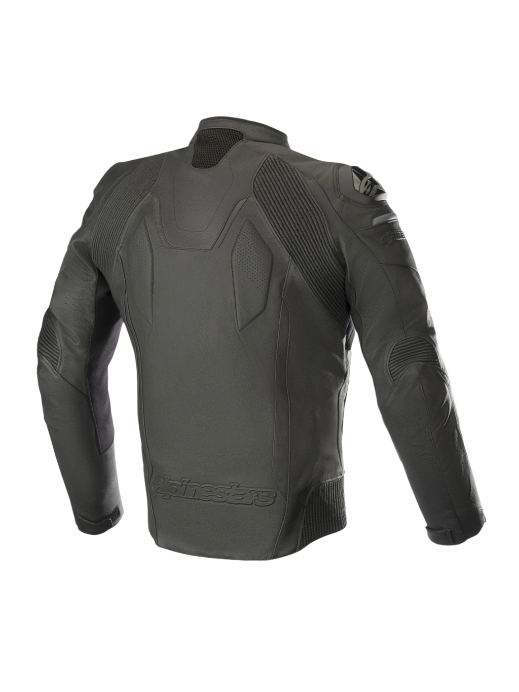 Giacca in pelle Alpinestars Caliber, nero, vista posteriore che mostra la costruzione in pelle premium, pannelli elastici a soffietto su spalle e gomiti, slider esterni DFS sulle spalle e logo Alpinestars in rilievo sulla parte inferiore della schiena