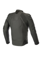 Giacca in pelle Alpinestars Caliber, nero, vista posteriore che mostra la costruzione in pelle premium, pannelli elastici a soffietto su spalle e gomiti, slider esterni DFS sulle spalle e logo Alpinestars in rilievo sulla parte inferiore della schiena