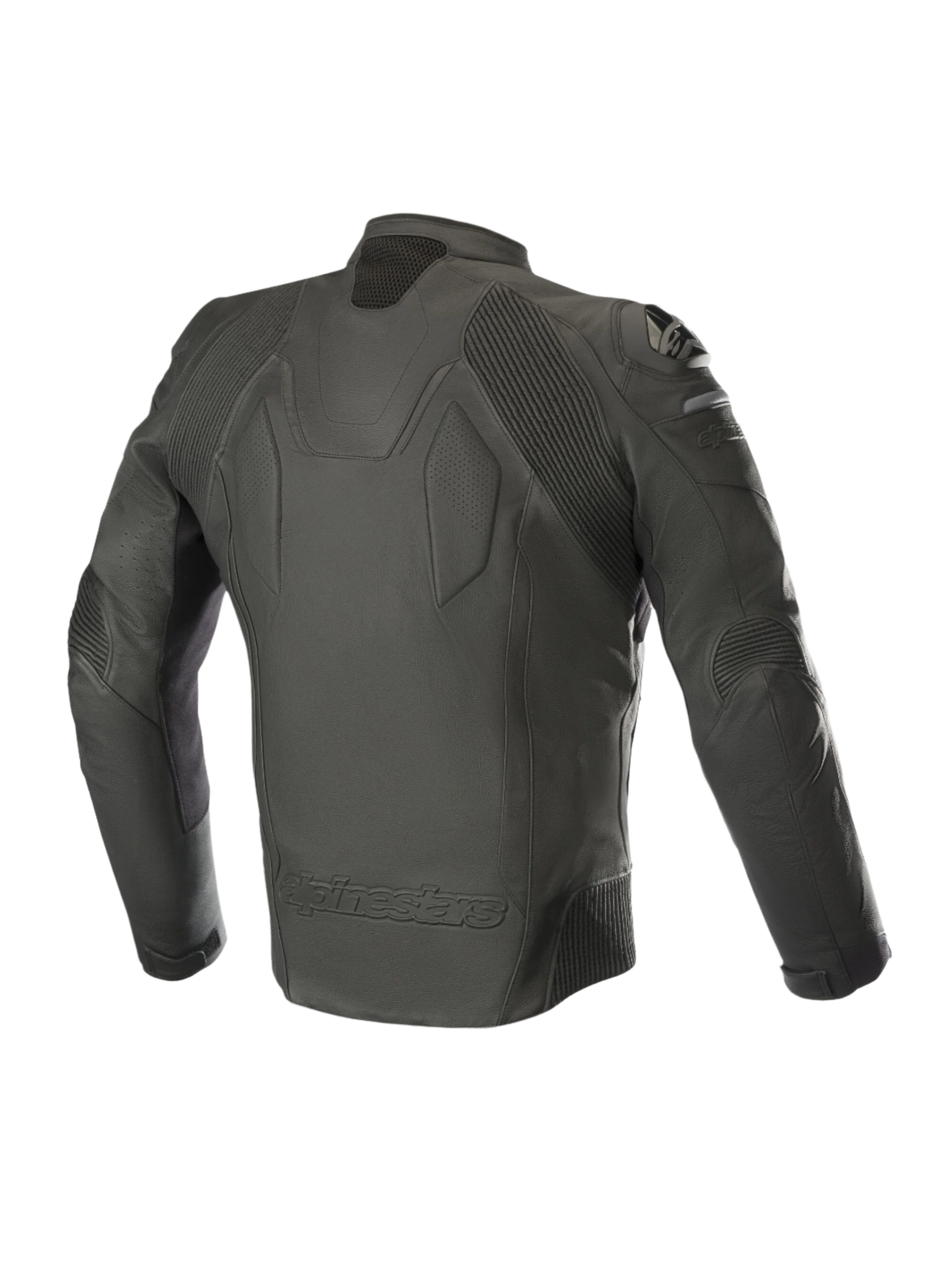 Giacca in pelle Alpinestars Caliber, nero, vista posteriore che mostra la costruzione in pelle premium, pannelli elastici a soffietto su spalle e gomiti, slider esterni DFS sulle spalle e logo Alpinestars in rilievo sulla parte inferiore della schiena
