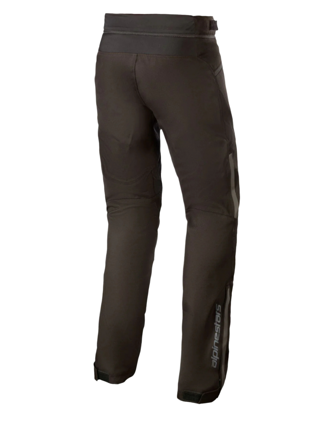 Alpinestars AST-1 V2 Waterproof Pants Long, pantaloni da moto in tessuto nero, vista posteriore con dettagli riflettenti e branding verticale sulla parte inferiore della gamba, abbigliamento tecnico resistente per tutte le stagioni