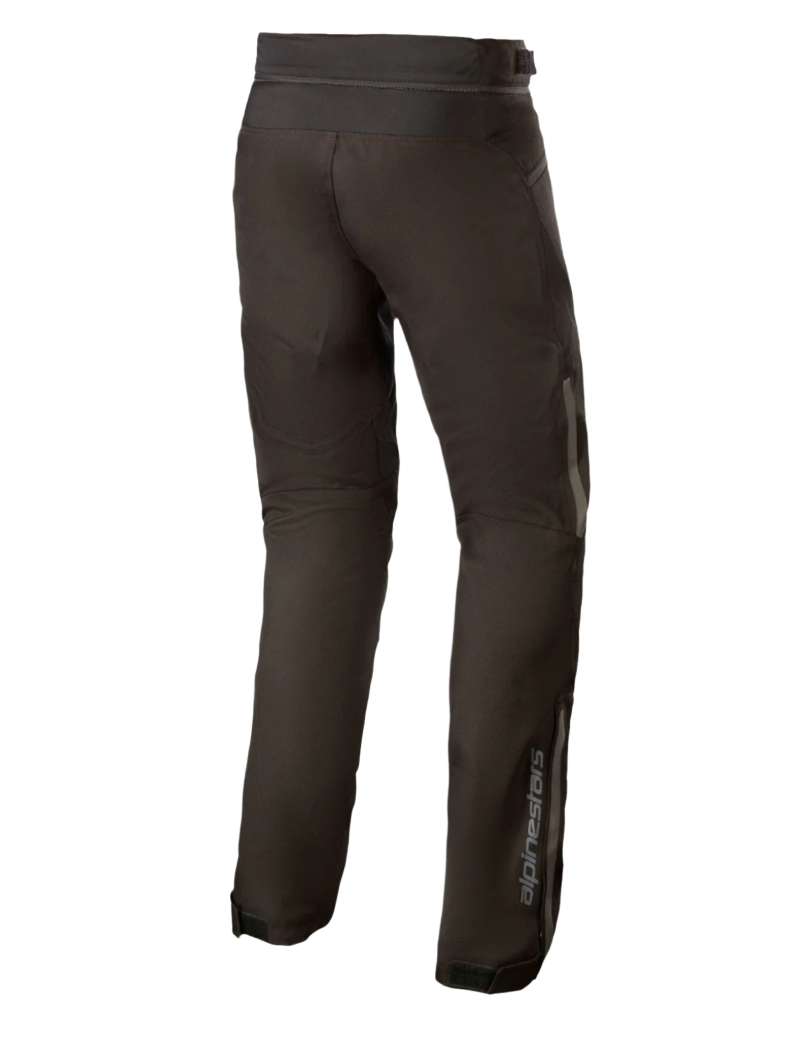 Alpinestars AST-1 V2 Waterproof Pants Long, pantaloni da moto in tessuto nero, vista posteriore con dettagli riflettenti e branding verticale sulla parte inferiore della gamba, abbigliamento tecnico resistente per tutte le stagioni