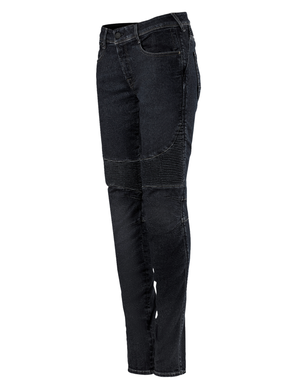 Alpinestars Stella Callie Denim, pantaloni da moto da donna, nero cerato, vestibilità slim con pannelli a fisarmonica a coste sopra le ginocchia, design urbano contemporaneo, vista di profilo