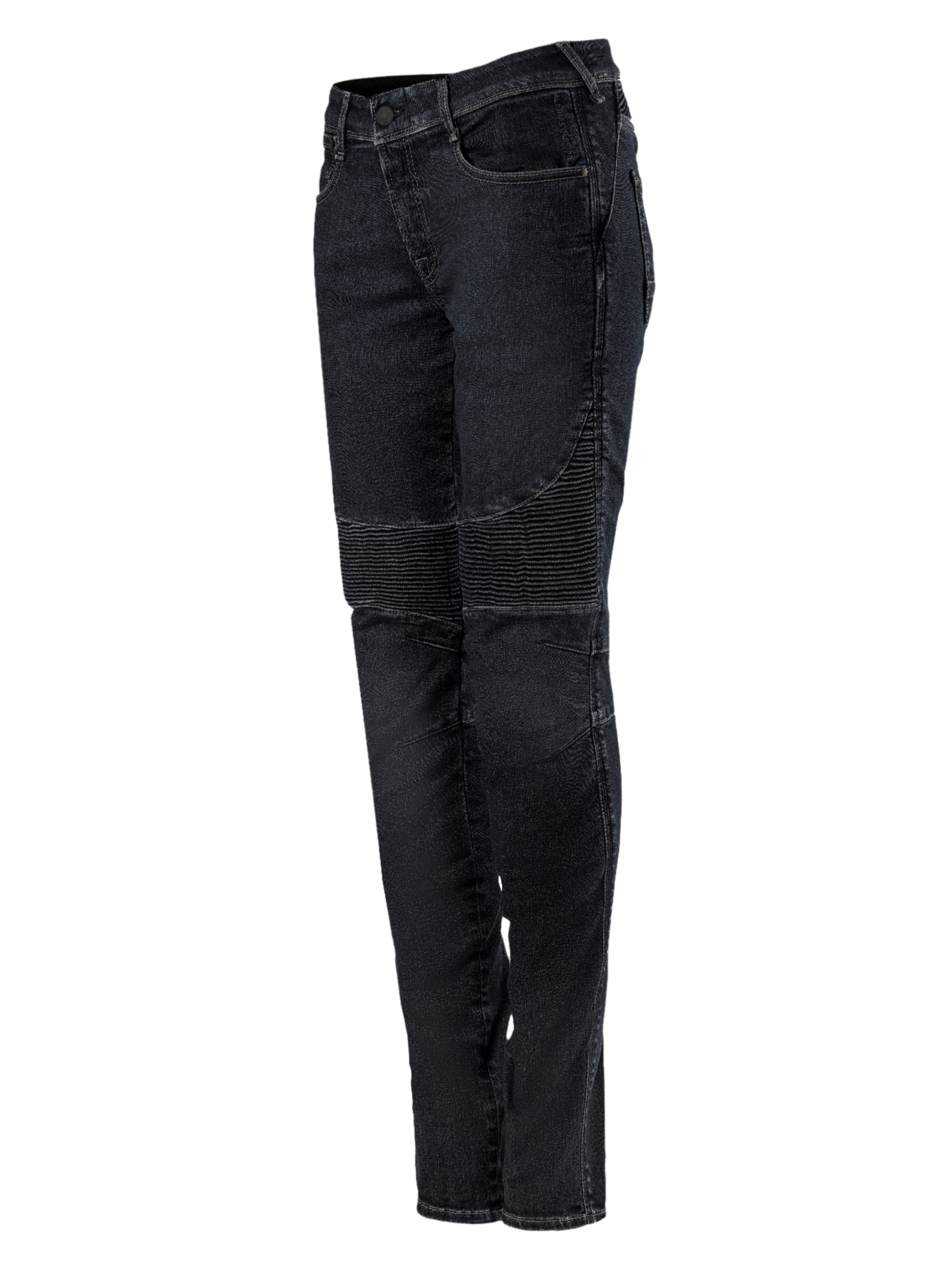 Alpinestars Stella Callie Denim, pantaloni da moto da donna, nero cerato, vestibilità slim con pannelli a fisarmonica a coste sopra le ginocchia, design urbano contemporaneo, vista di profilo