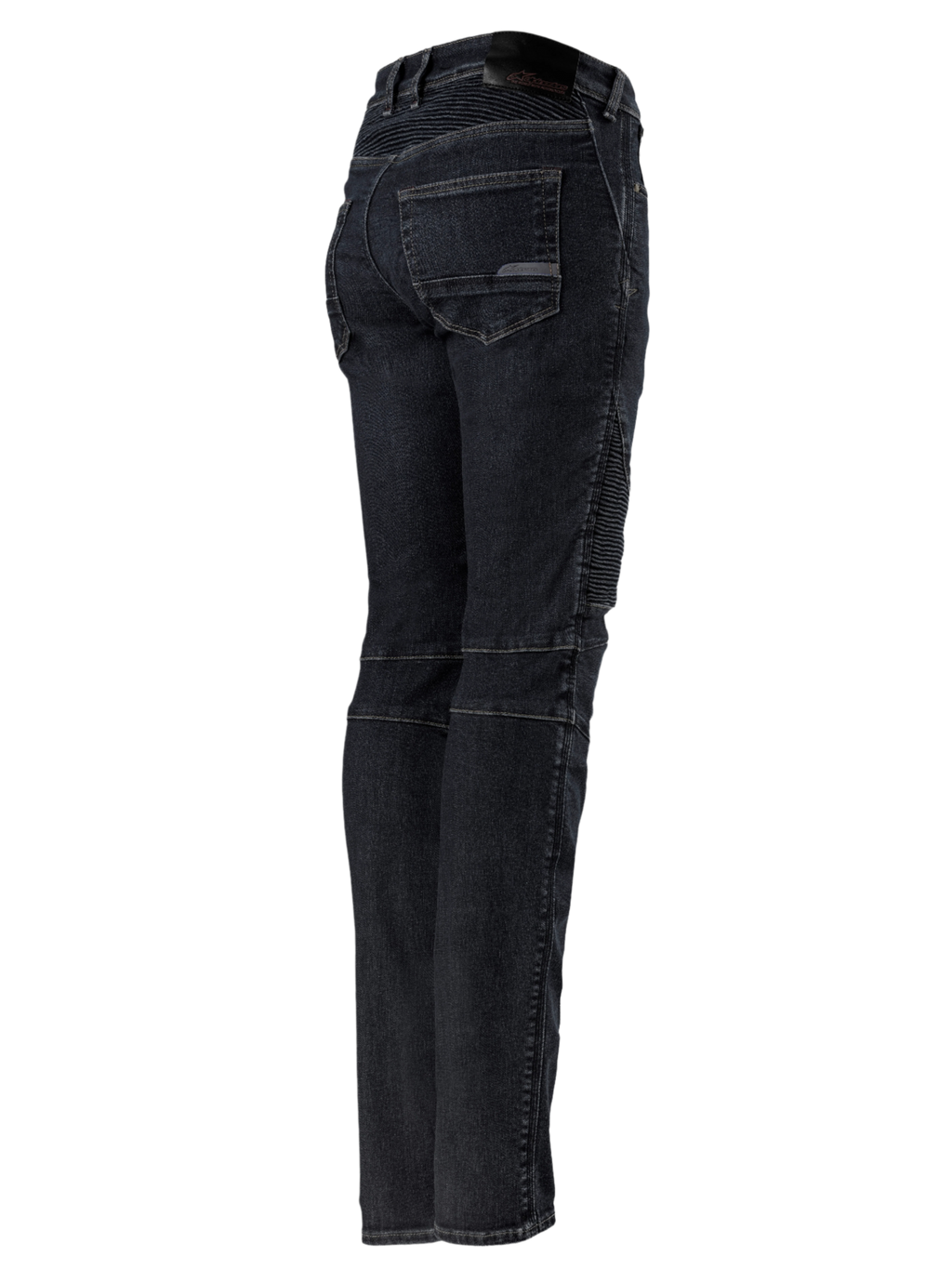 Alpinestars Stella Callie Denim, pantaloni da moto da donna, Black Waxed, profilo posteriore e laterale con pannelli elasticizzati a fisarmonica su vita e ginocchia, vestibilità slim con tasche posteriori e patch con logo