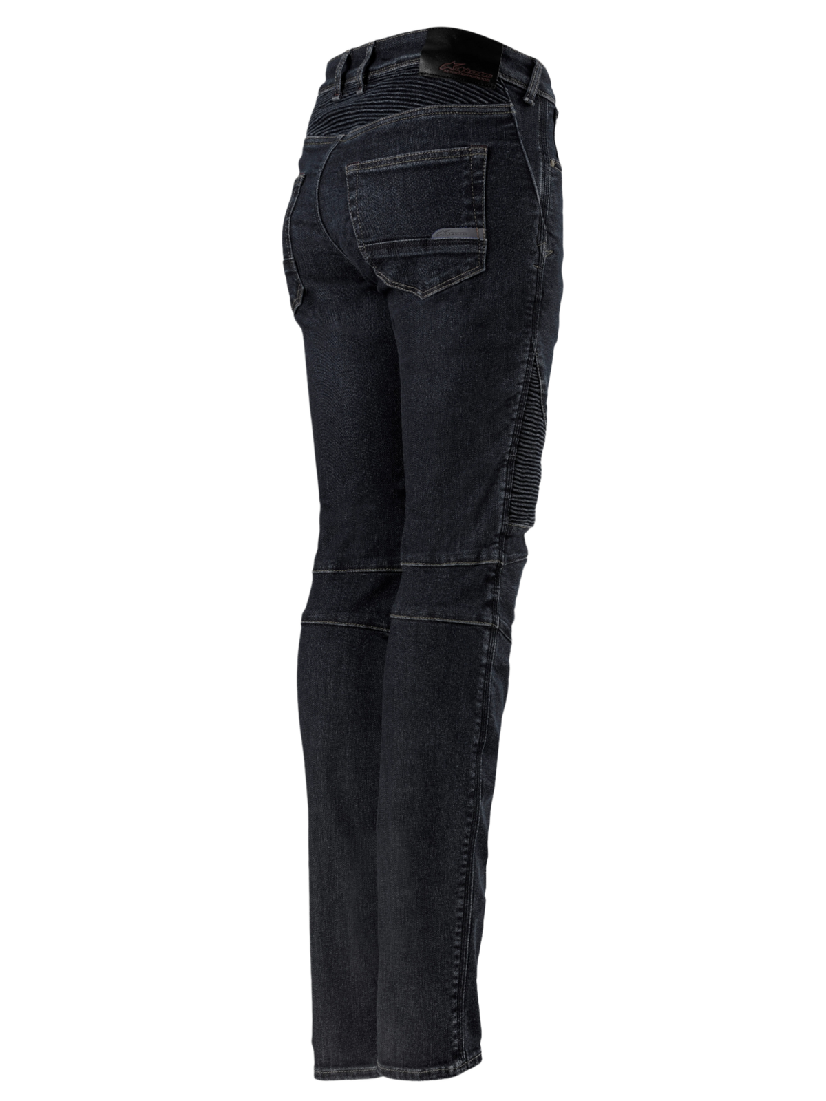 Alpinestars Stella Callie Denim, pantaloni da moto da donna, Black Waxed, profilo posteriore e laterale con pannelli elasticizzati a fisarmonica su vita e ginocchia, vestibilità slim con tasche posteriori e patch con logo