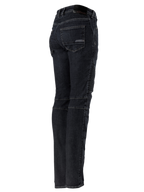 Alpinestars Stella Callie Denim, pantaloni da moto da donna, Black Waxed, profilo posteriore e laterale con pannelli elasticizzati a fisarmonica su vita e ginocchia, vestibilità slim con tasche posteriori e patch con logo