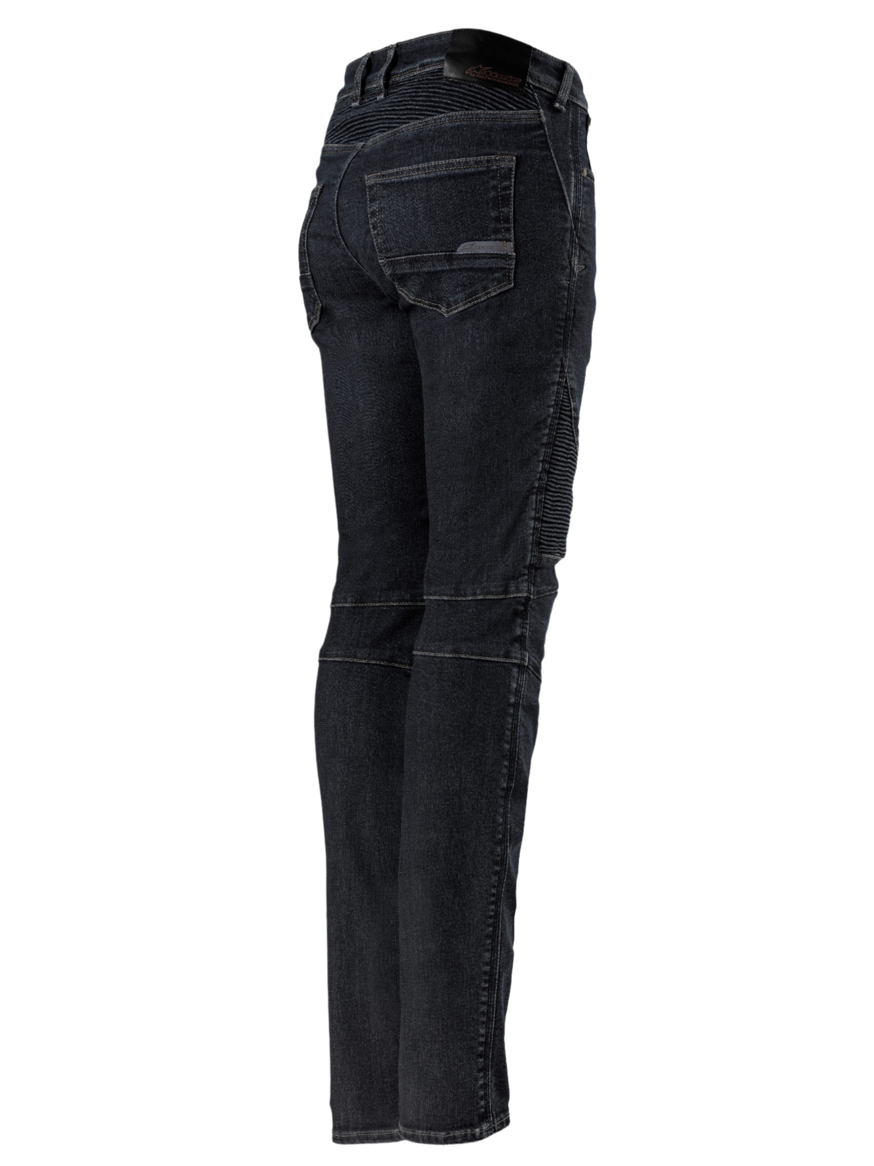 Alpinestars Stella Callie Denim, pantaloni da moto da donna, Black Waxed, profilo posteriore e laterale con pannelli elasticizzati a fisarmonica su vita e ginocchia, vestibilità slim con tasche posteriori e patch con logo