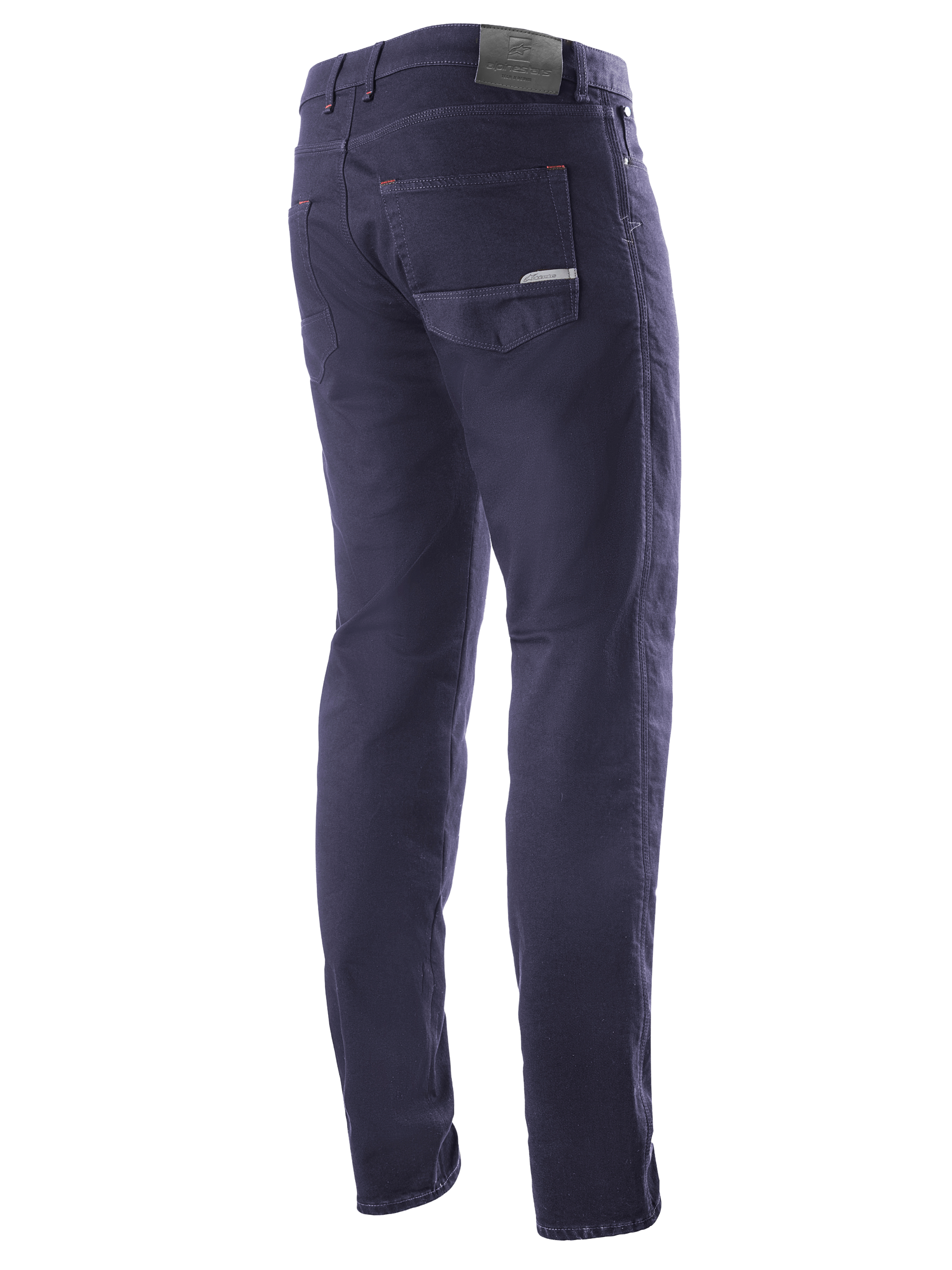 Alpinestars Copper V2 Denim Pants Lunghezza Corta, Rinse Blue, vista posteriore di tre quarti con tasche posteriori e patch in pelle in vita, jeans da moto urbani dal look denim classico