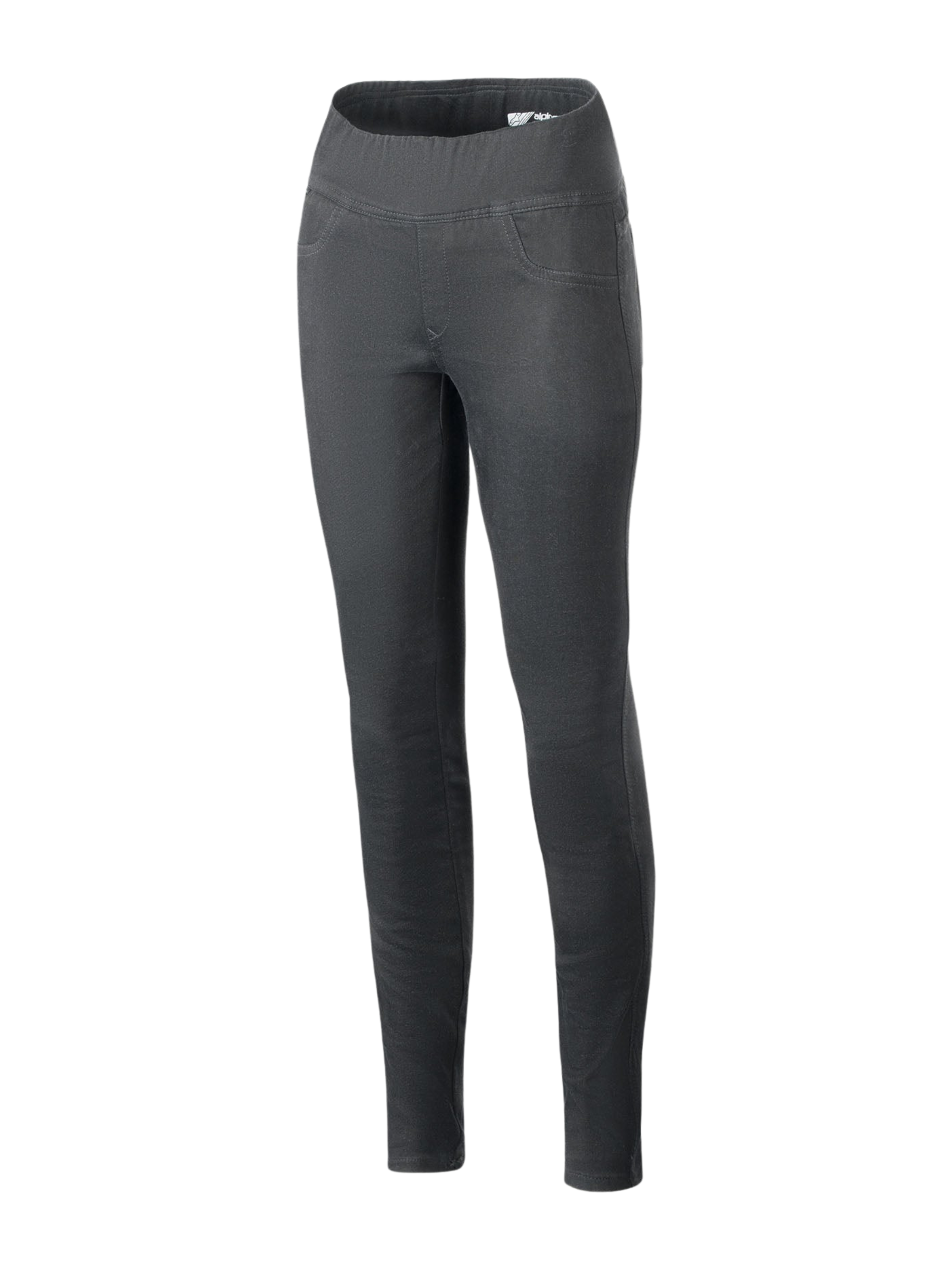 Alpinestars Shuri Women Leggings Summer, leggings da moto a vita alta e vestibilità slim, nero, con ampia fascia elastica in vita, tessuto in denim di cotone elasticizzato, cuciture decorative delle tasche anteriori, pantaloni da guida in stile urban per donna